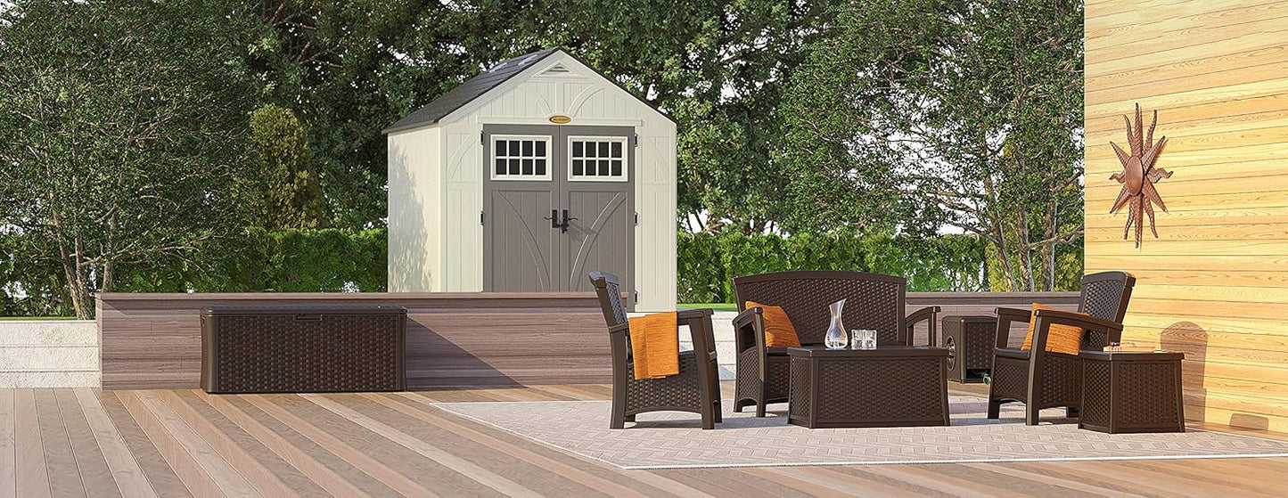 Suncast 8' x 7' Heavy-Duty Resin Tremont Storage Shed with Reinforced Floor, Skylights for Natural Light, Lockable Double Doors, Cream, Made in the USA