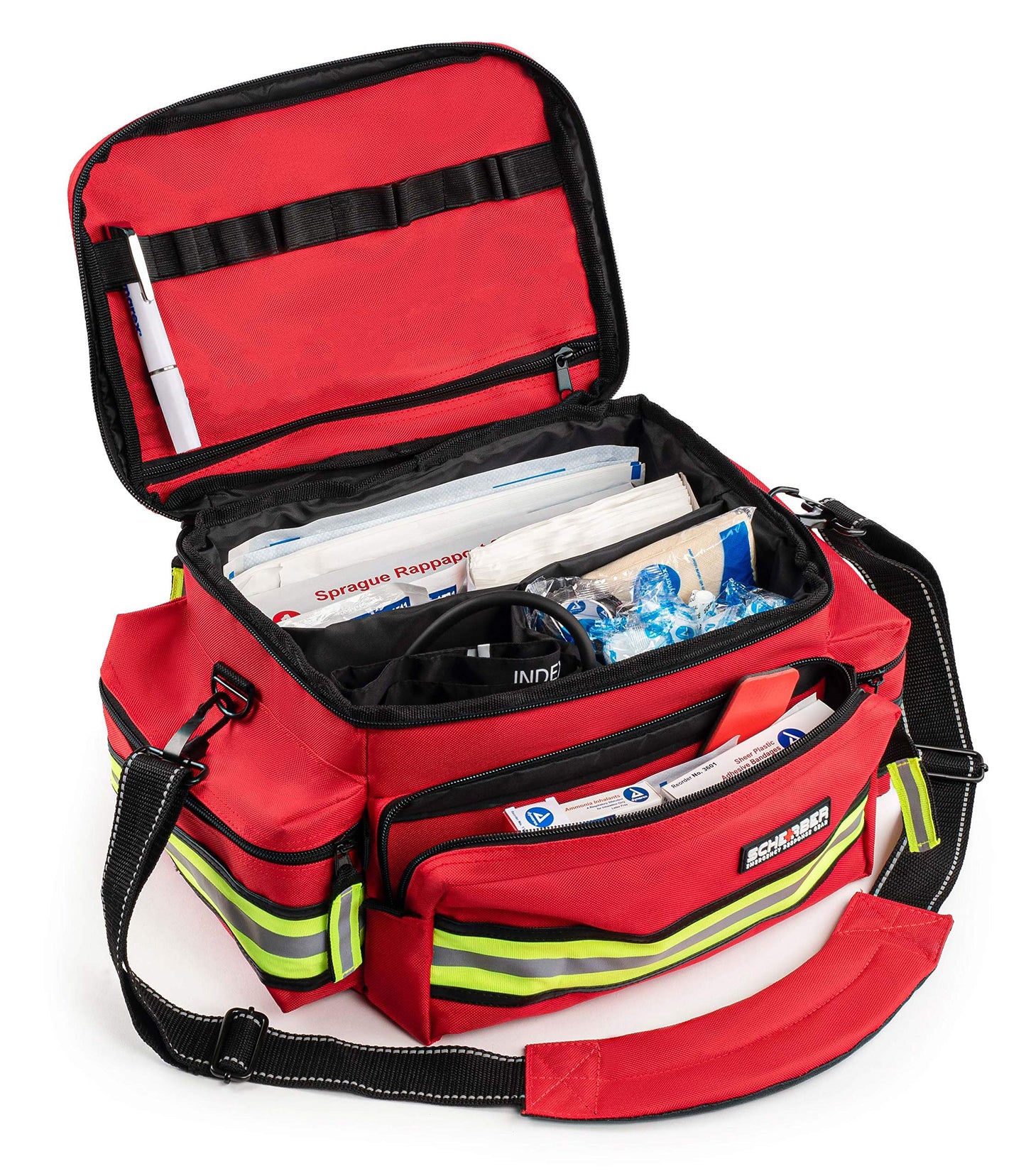 Scherber First Responder Fully-Stocked Professional Essentials EMT/EMS Trauma Kit | HSA/FSA Approved | Reflective Bag w/8 Zippered Pockets & Compartments & 200+ First Aid Supplies - Red