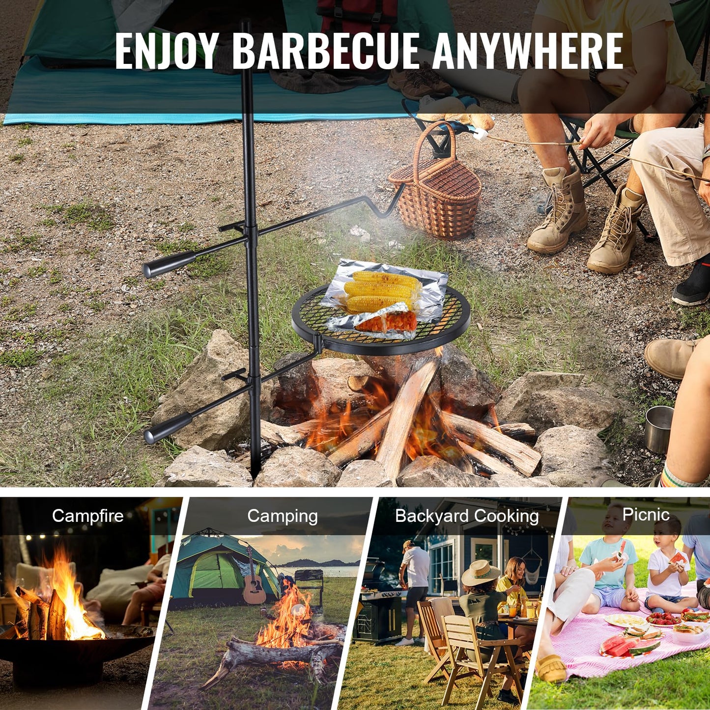 VEVOR Folding Campfire Grill, Heavy Duty Steel Mesh Grate, 22.4" Portable Camping Grates Over Fire Pit, Camp Fire Cooking Equipment with Legs Carrying Bag, Grilling Rack for Outdoor Open Flame Cooking