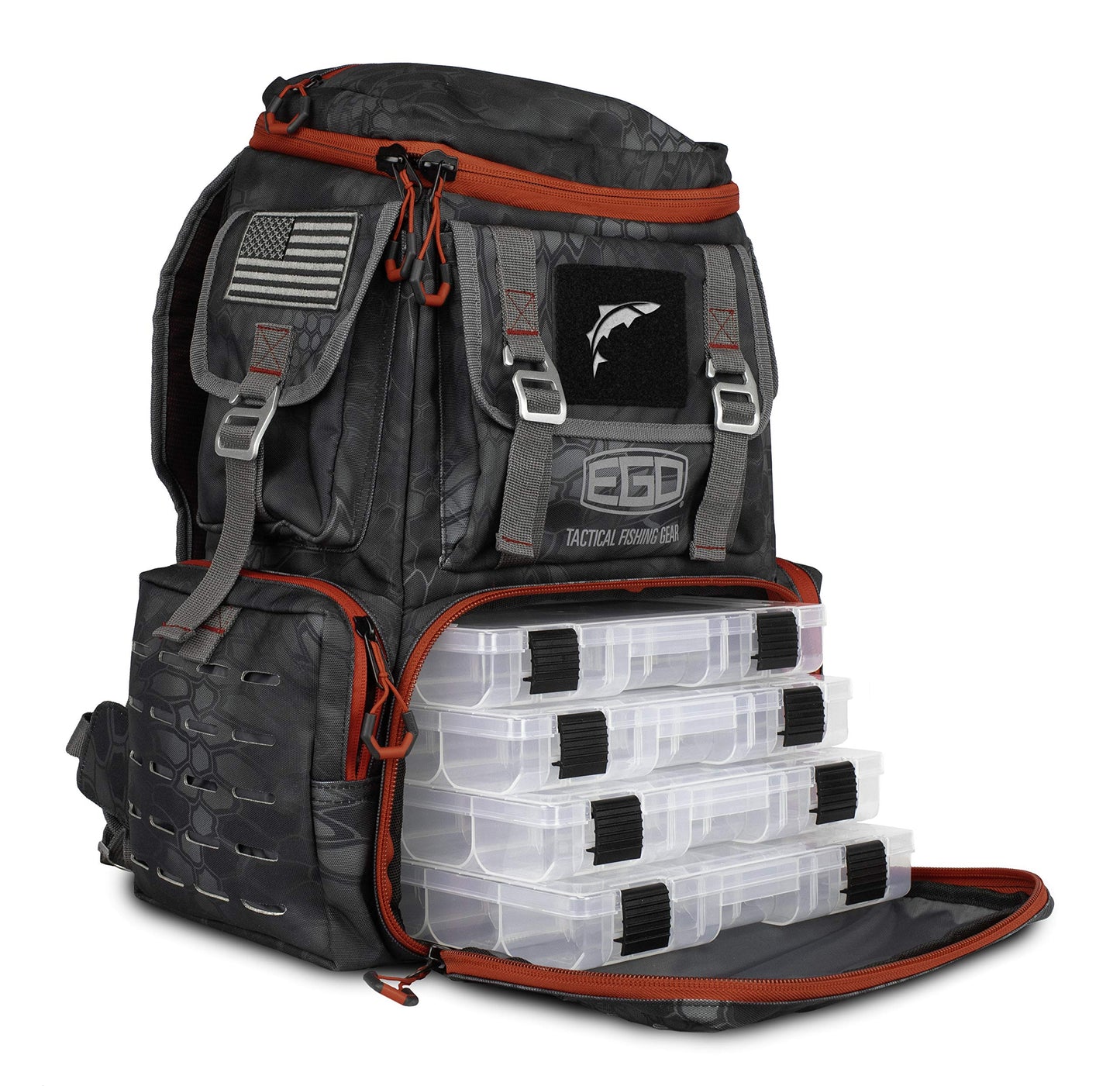 EGO Kryptek Tactical Tackle Box Backpack, Durable Fishing Tool Bag, 1000D Nylon Fabric with PVC Back, Water-Resistant, Multiple Storage Pockets, Laser-Cut Molle Loops, Includes 4 Tackle Trays