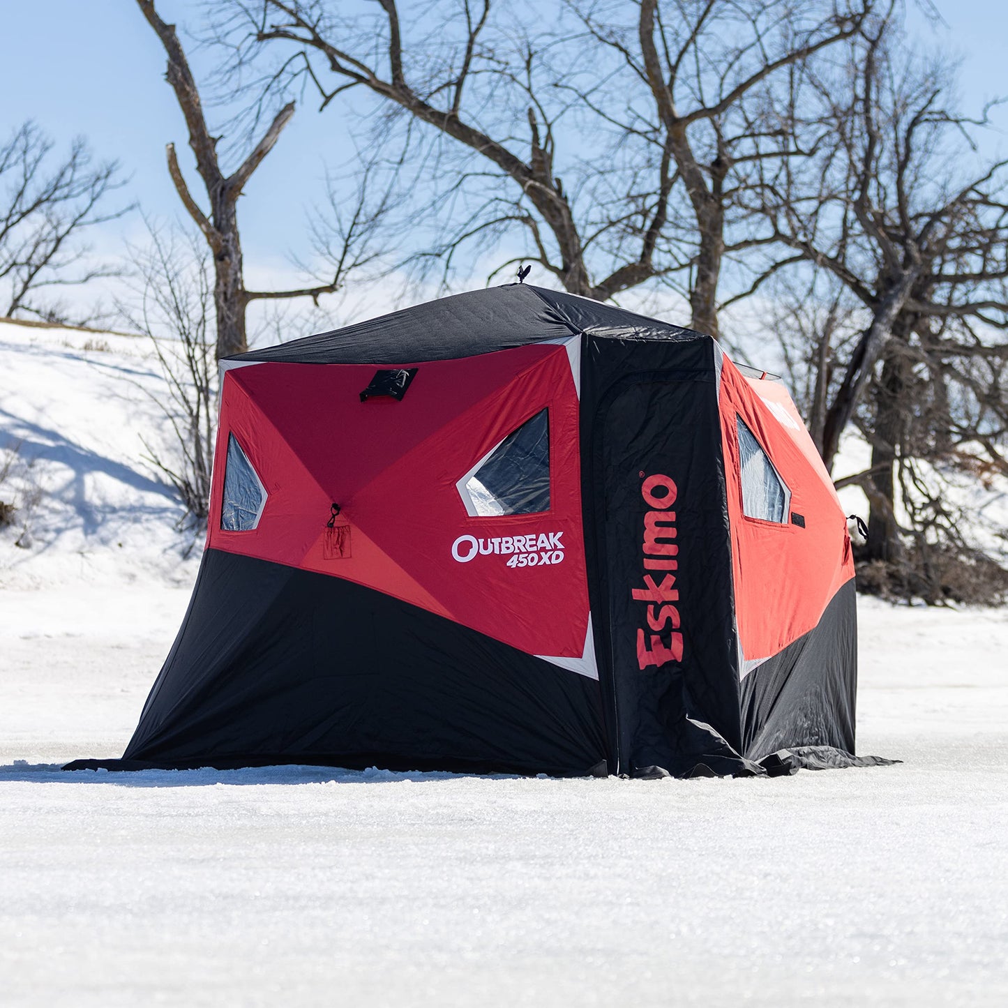 Eskimo Outbreak Portable Pop-Up Ice Fishing Shelter, Stormshield Insulated Fabric, No Trip Door, Durable Hub Design, Deluxe Tie Downs, Red/Black