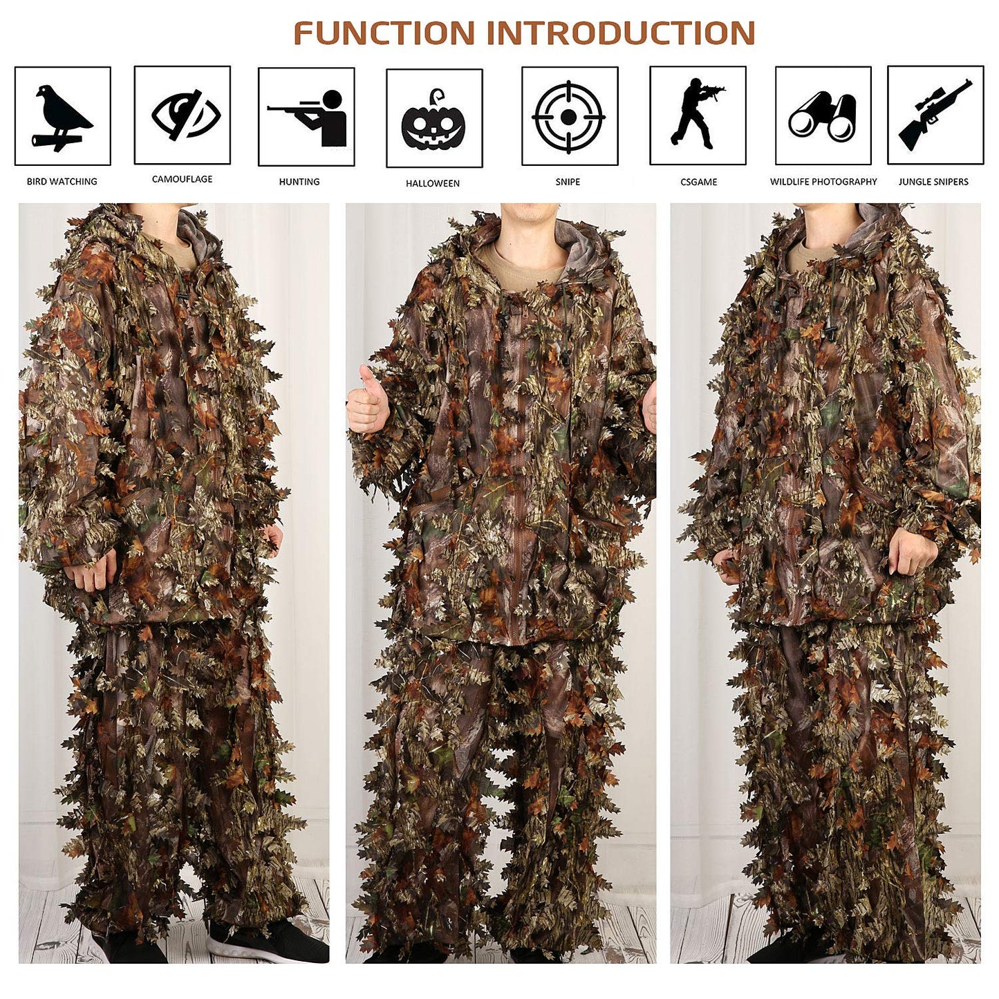 EAmber Ghillie Suit Gilly Hunting Suits Pants 3D Leaf Camo Camouflage Coveralls Youth Adult Lightweight Clothes