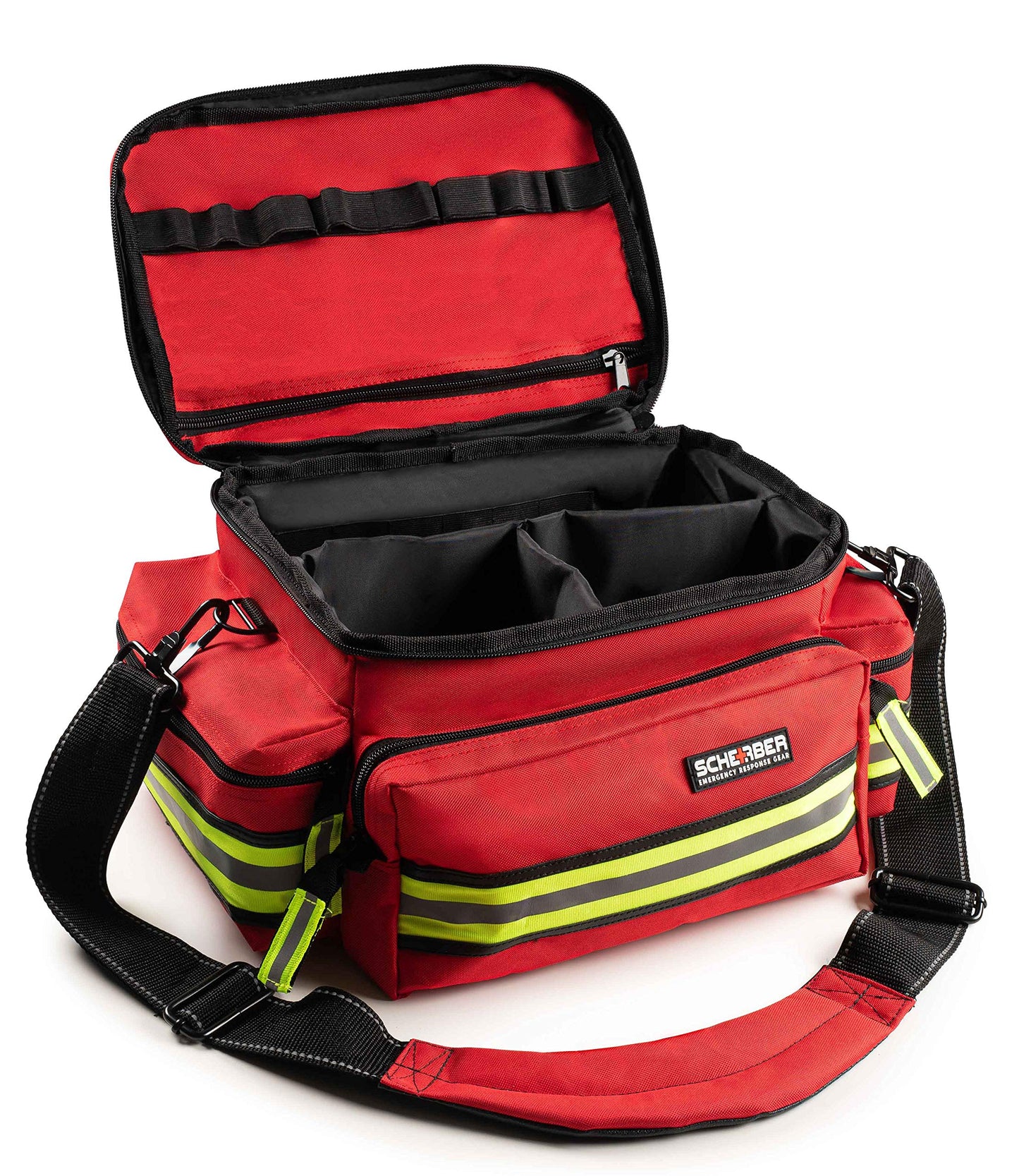 Scherber First Responder Fully-Stocked Professional Essentials EMT/EMS Trauma Kit | HSA/FSA Approved | Reflective Bag w/8 Zippered Pockets & Compartments & 200+ First Aid Supplies - Red