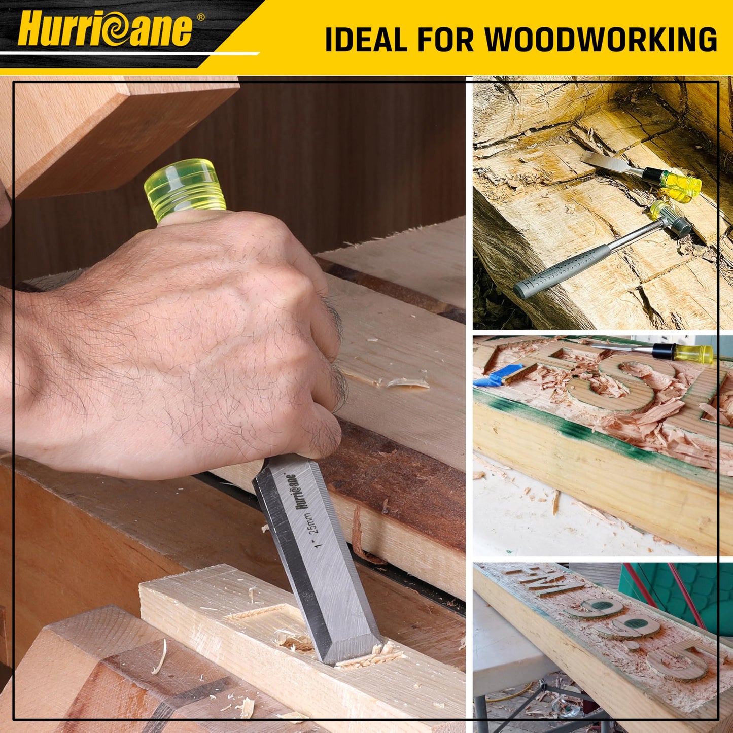 HURRICANE 4 Piece Wood Chisel Set for Woodworking. CR-V Steel Beveled Edge Blades with Safety Caps. Durable PVC High Impact Handle, for Precision Carving & DIY Projects (1/4", 1/2", 3/4", 1")