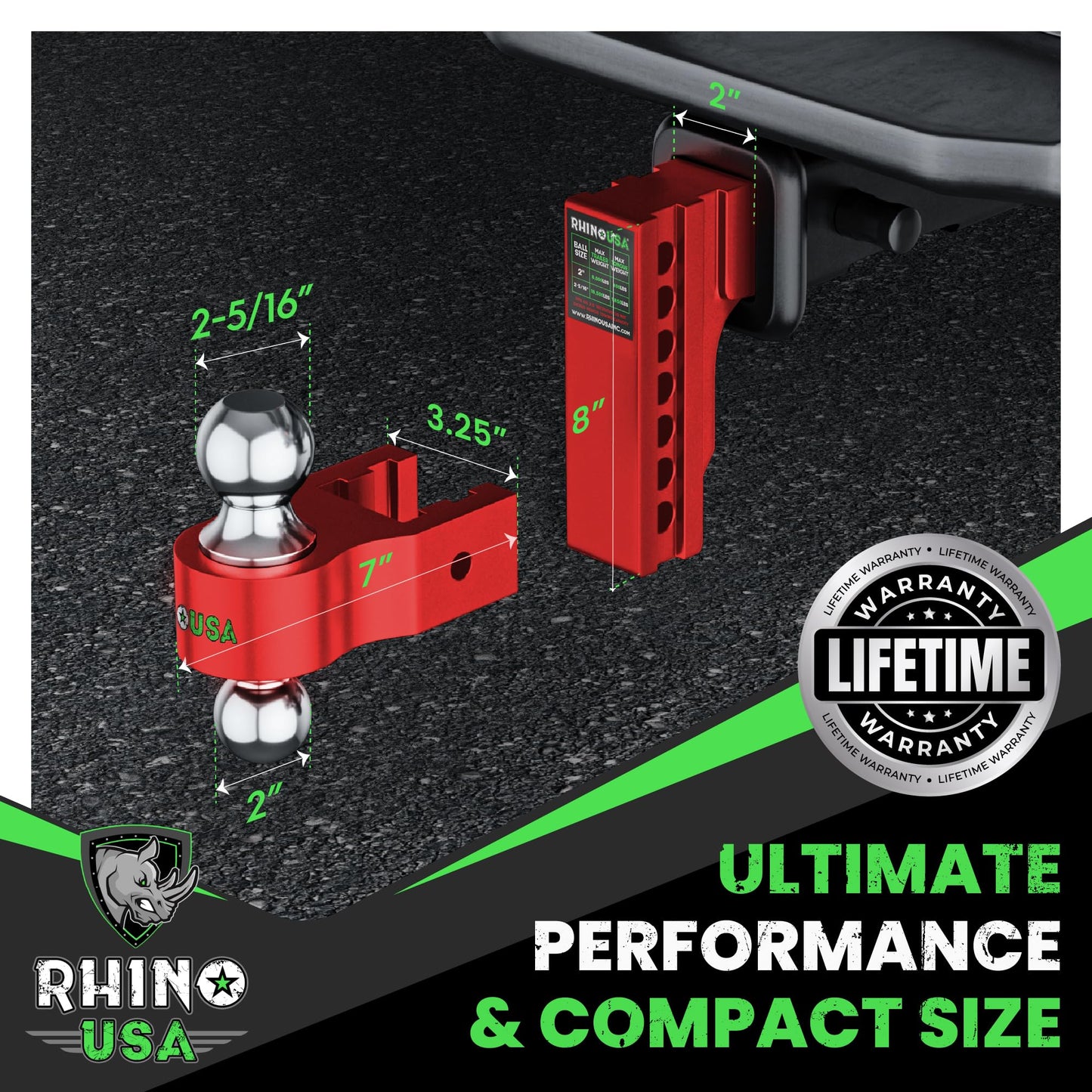 Rhino USA Adjustable Trailer Hitch (Fits 2-Inch Receiver) - Heavy Duty Aluminum Tow Hitches with 6-Inch Drop/Rise for Truck (12,500 LBS GTW) - Weatherproof Double Anti-Theft Locking Hitch Pins (Black)