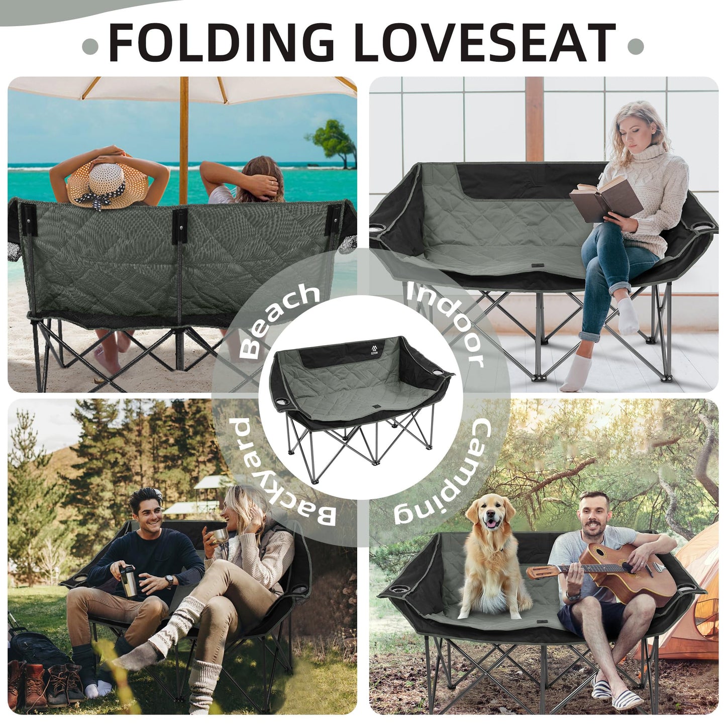 Camping Chair, Oversized Loveseat Double 2 Person Outdoor Chair with Arms, Cup Holder and Carry Bag, Heavy-Duty Collapsible Chair for Outside,Black/Gray