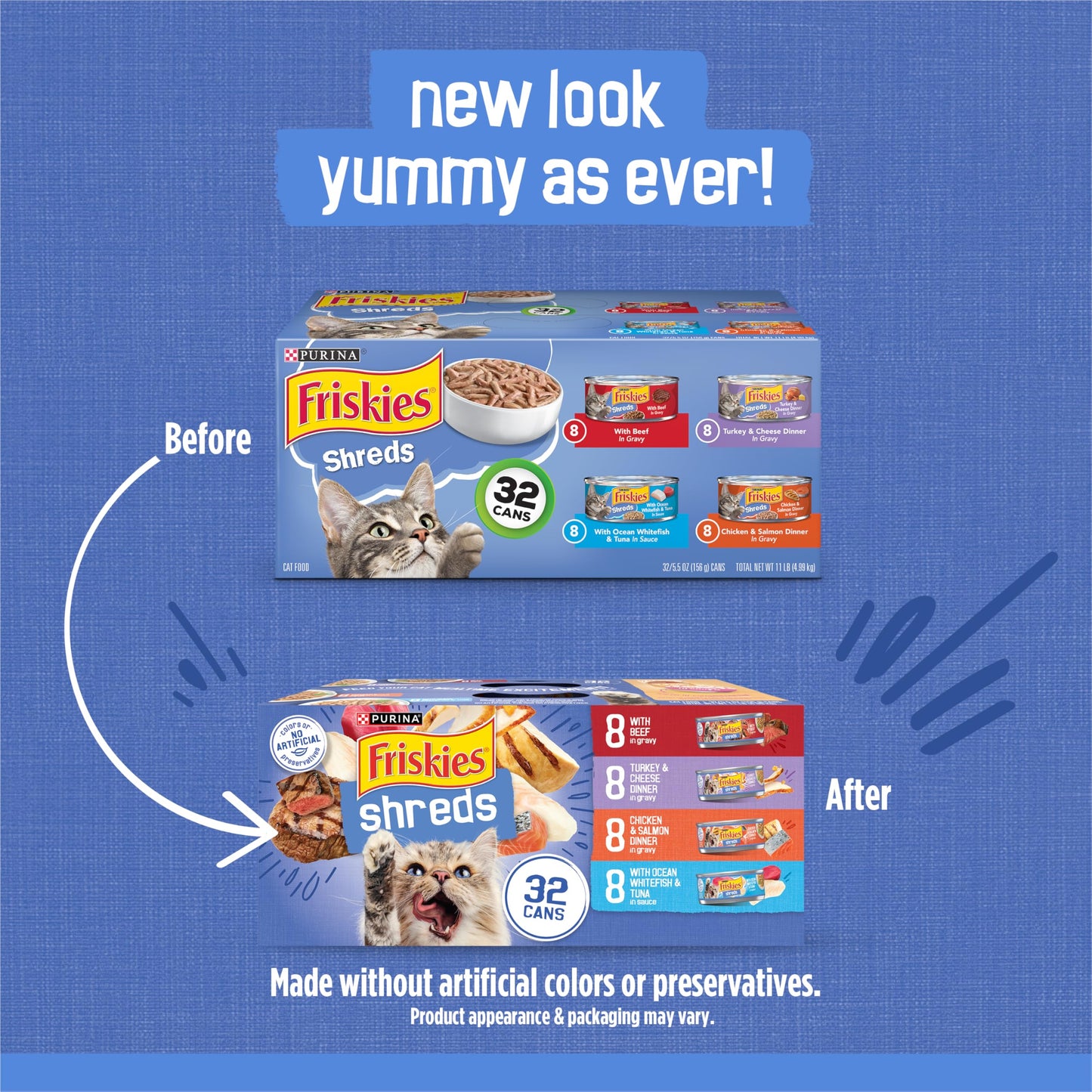 Purina Friskies Wet Cat Food Variety Pack, Shreds With Beef, Turkey and Cheese Dinner, Chicken and Salmon Dinner, and With Ocean Whitefish and Tuna - (Pack of 40) 5.5 oz. Cans