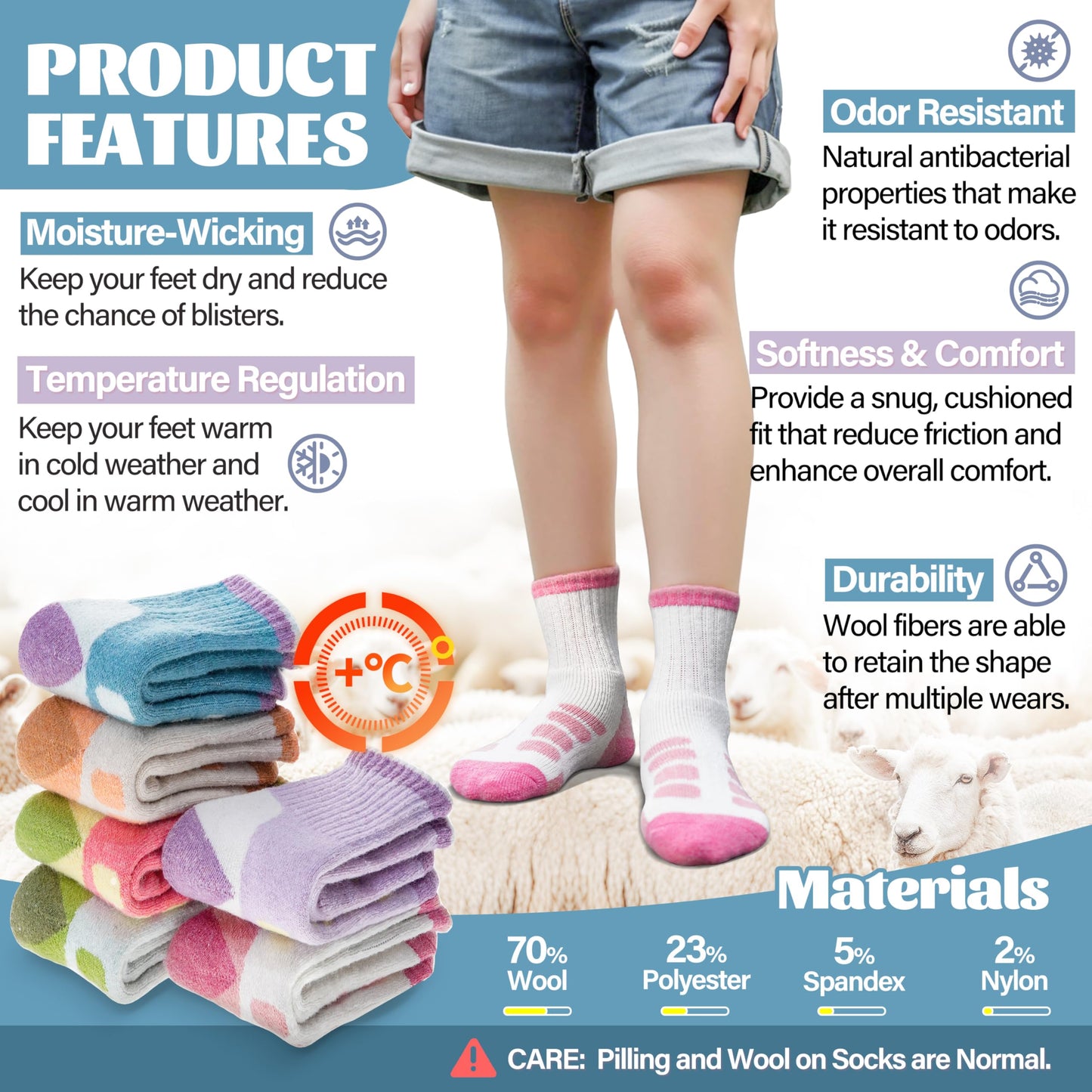Anlisim Kids Merino Wool Hiking Socks Boys Girls Toddlers Thermal Winter Warm Boot Thick Cushion Gift Socks 6 Pairs
