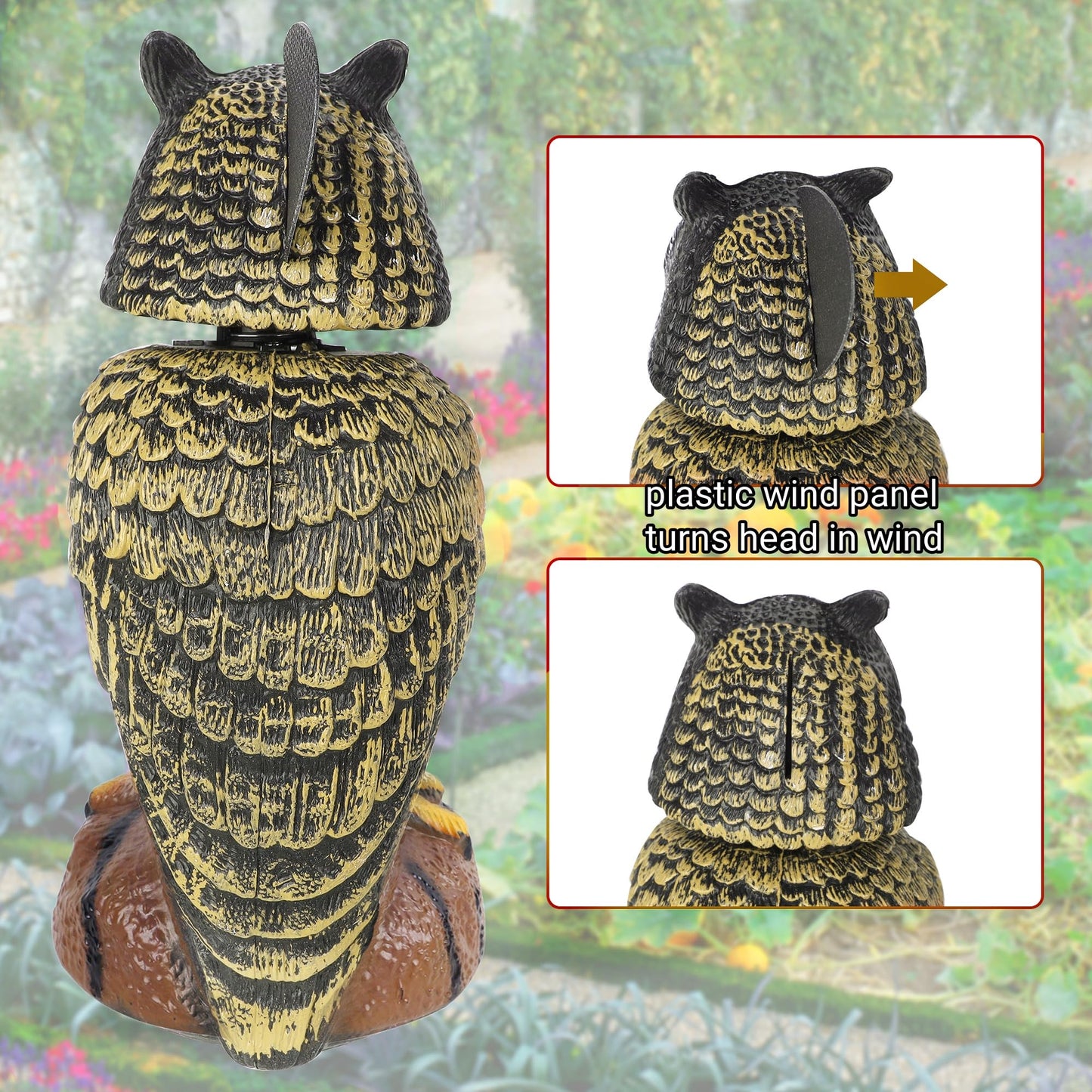 Hausse 2 Pack Bird Scarecrow Fake Owl Decoy Sculpture, Rotating Head Plastic Owl Bird Deterrents, 10.6 Inch Height Nature Enemy Horned Pest Repellent for Outdoor Garden Yard