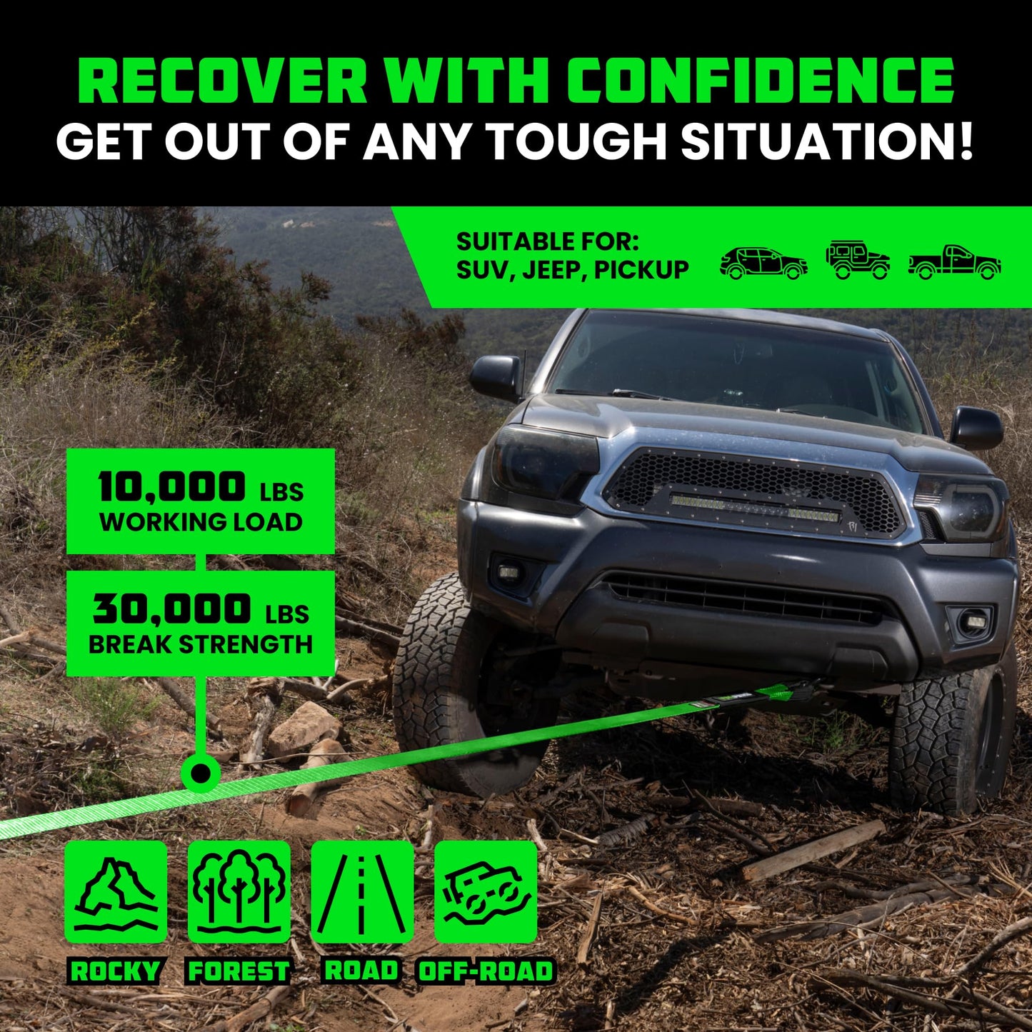 Rhino USA Recovery Tow Strap (3" x 20') - 31,518lb Break Strength - Emergency Recovery Strap Tow Rope for Truck, UTV, ATV & More - Heavy Duty Towing Strap for Offroad 4x4 Use - Compatible with Jeep