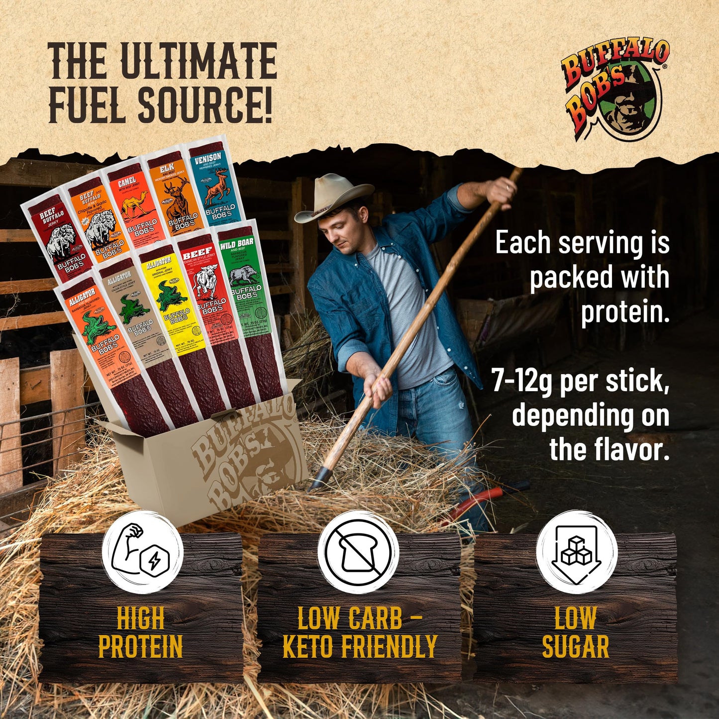 Buffalo Bob's Exotic Jerky (10-Pack), 10 Flavor Variety Pack of Snack Sticks, Wild Game Beef Gifts for Men