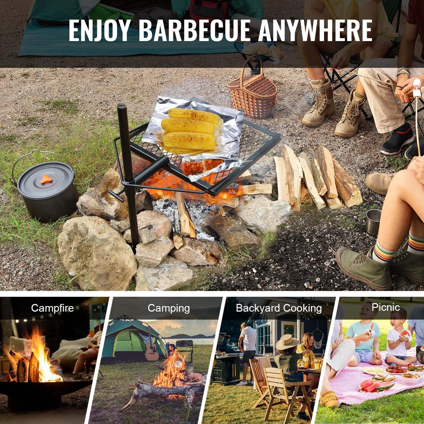 VEVOR Folding Campfire Grill, Heavy Duty Steel Mesh Grate, 22.4" Portable Camping Grates Over Fire Pit, Camp Fire Cooking Equipment with Legs Carrying Bag, Grilling Rack for Outdoor Open Flame Cooking