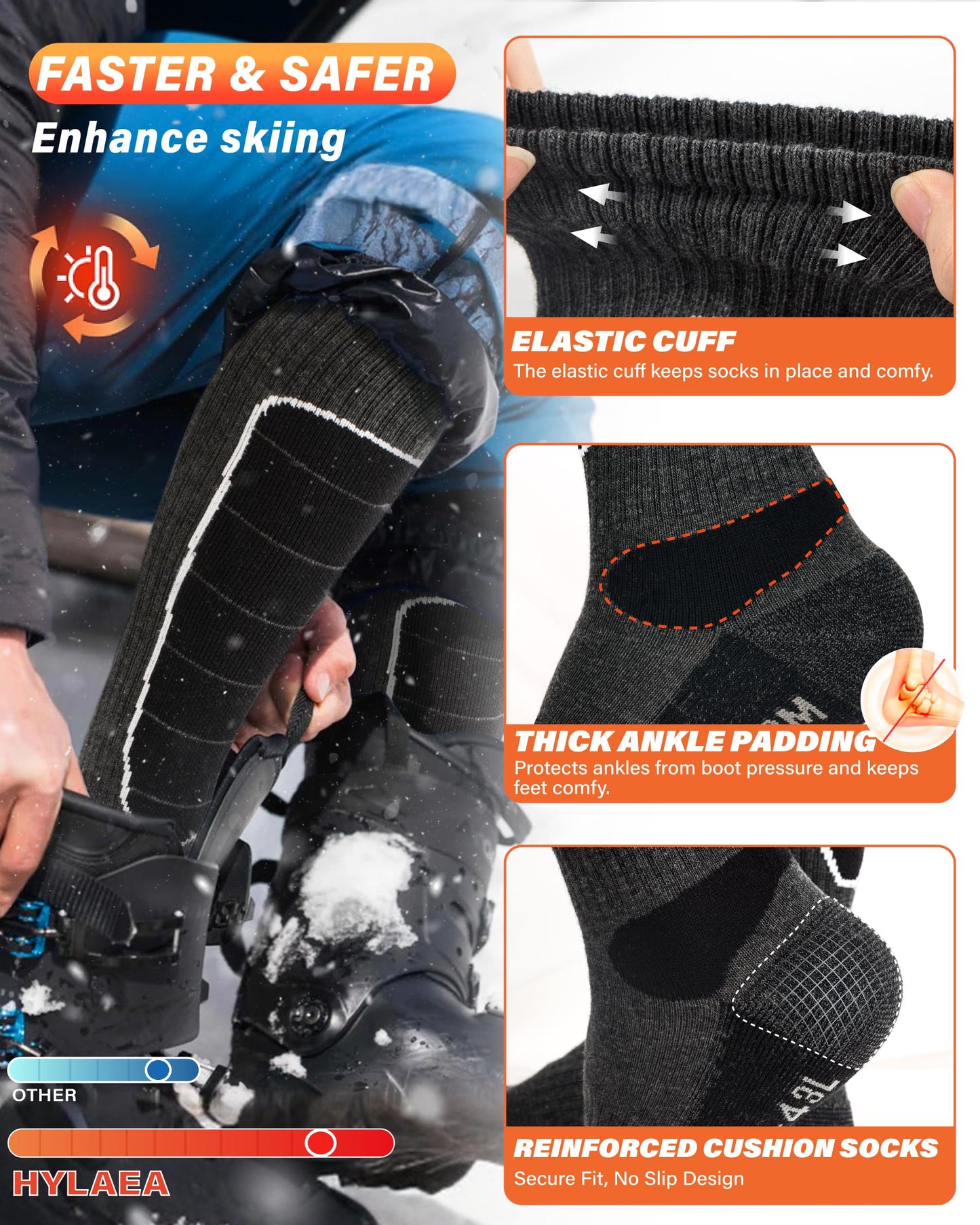 Hylaea Merino Wool Ski Socks, Cold Weather Socks for Snowboarding, Snow, Winter, Thermal Knee-high Warm Socks, Hunting