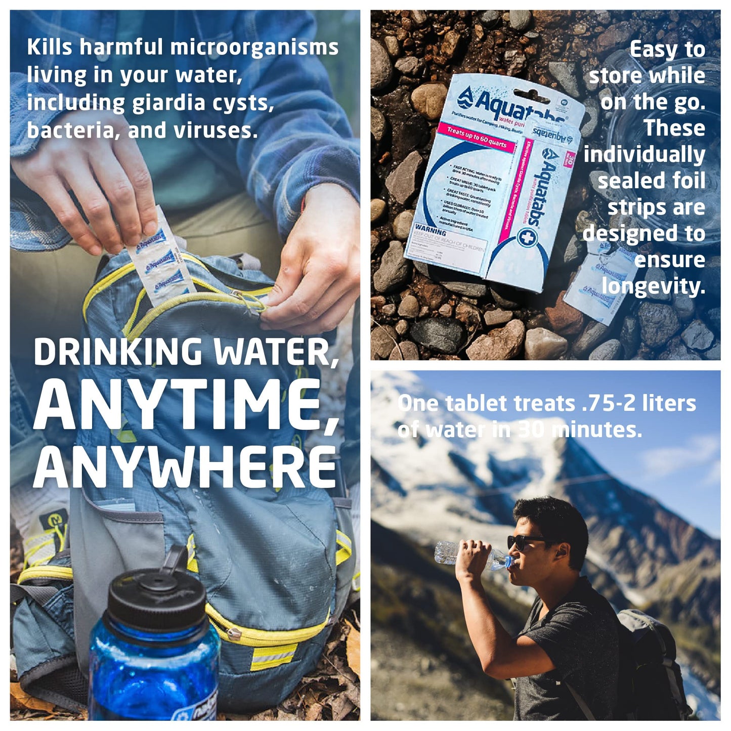 Aquatabs 397mg Water Purification Tablets (100 Pack). Water Filtration System for, Camping, Boating, Emergencies, Survival, RVs, and Marine-Use. Easy to Use Treatment and Disinfection.