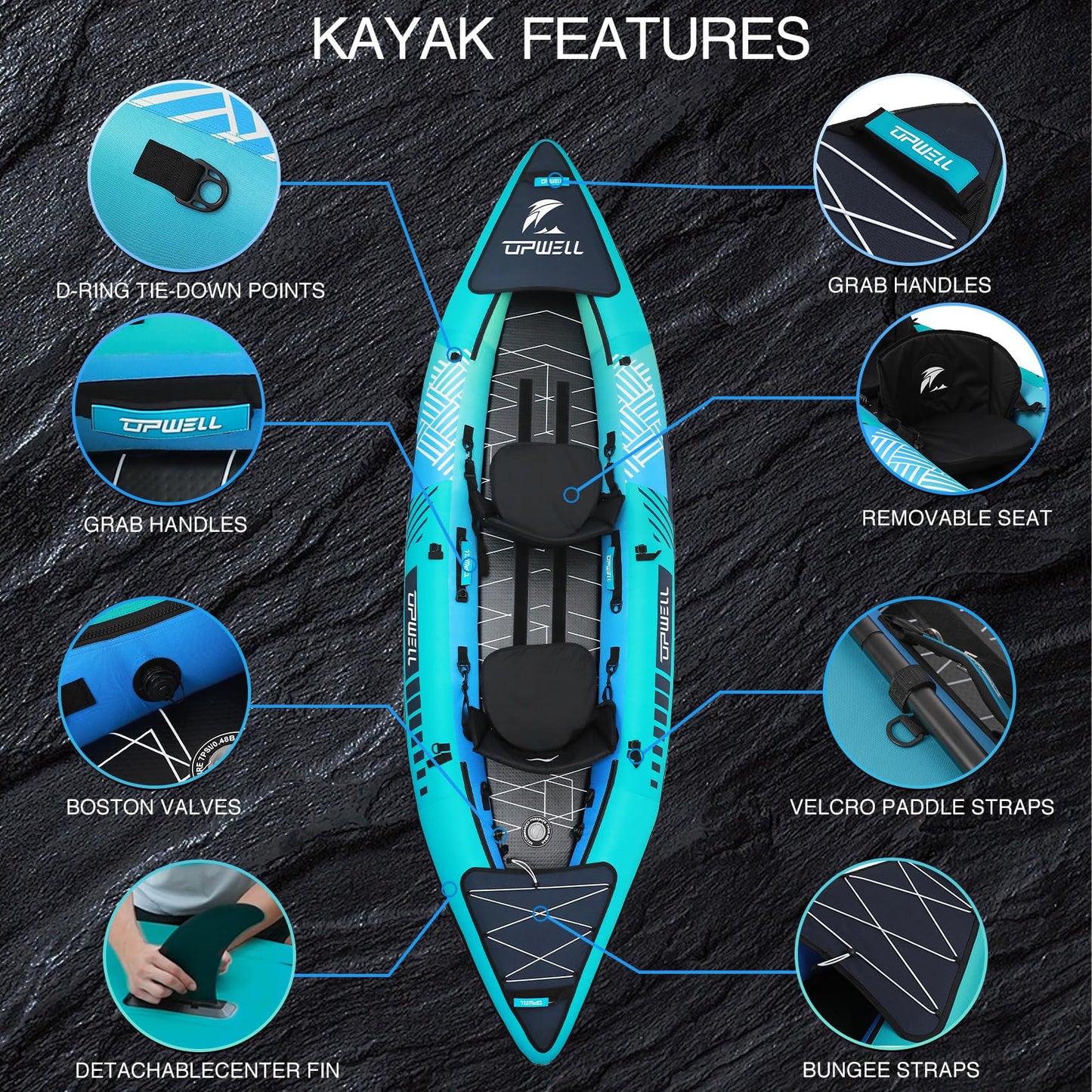 UPWELL 13'6”/11' Inflatable Recreational Kayak - 2 Person with Drop Stitch Floor and Accessories Including Kayak Seats with High Back Support, Paddle, Fin, Repair Kits, Carry Bag and Hand Pump