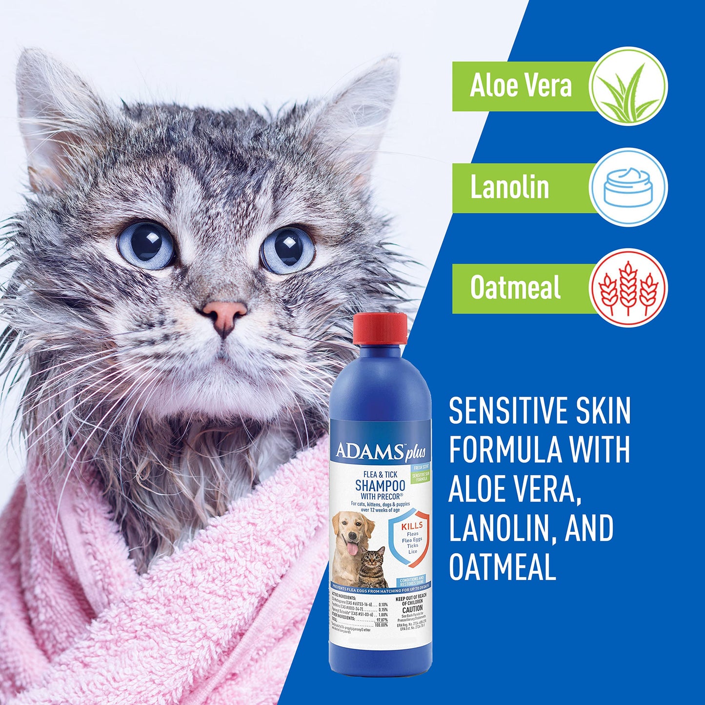 Adams Plus Flea & Tick Shampoo with Precor for Cats, Kittens, Dogs & Puppies Over 12 Weeks Of Age |Sensitive Skin Flea Treatment |Kills Adult Fleas, Flea Eggs, Ticks, and Lice |24 Oz, Pump Included