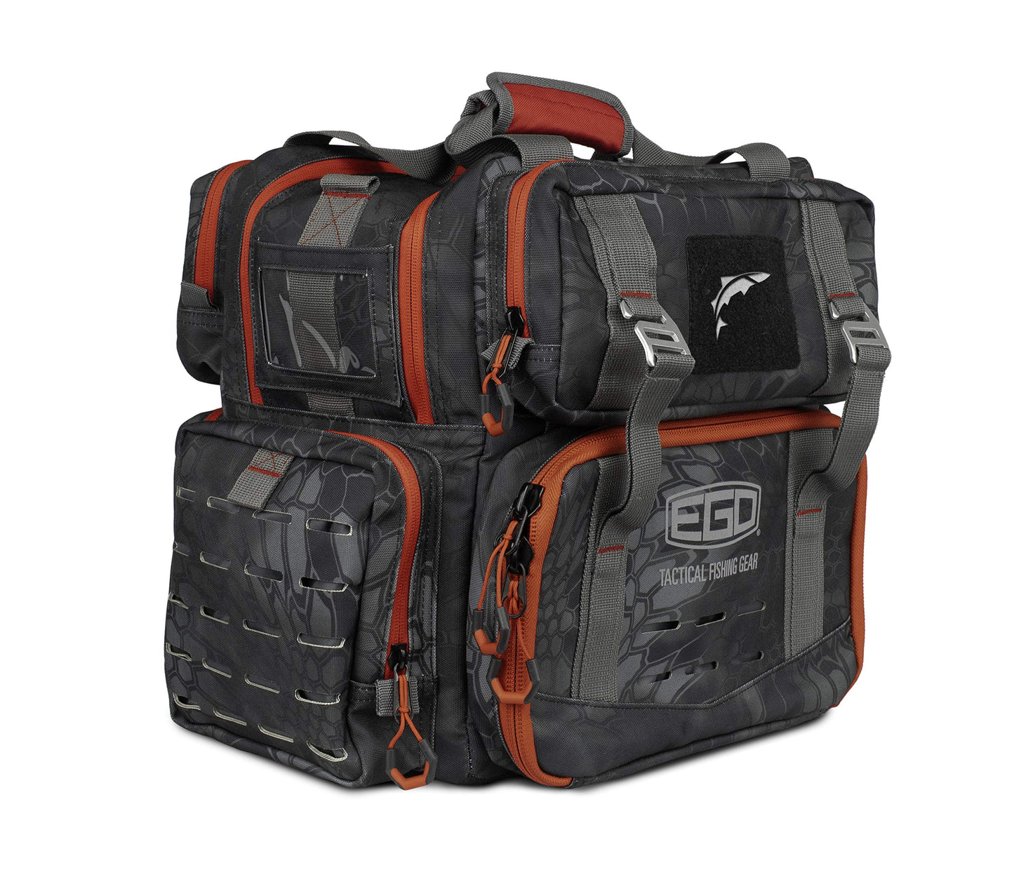 EGO Kryptek Tactical Tackle Box Backpack, Durable Fishing Tool Bag, 1000D Nylon Fabric with PVC Back, Water-Resistant, Multiple Storage Pockets, Laser-Cut Molle Loops, Includes 4 Tackle Trays
