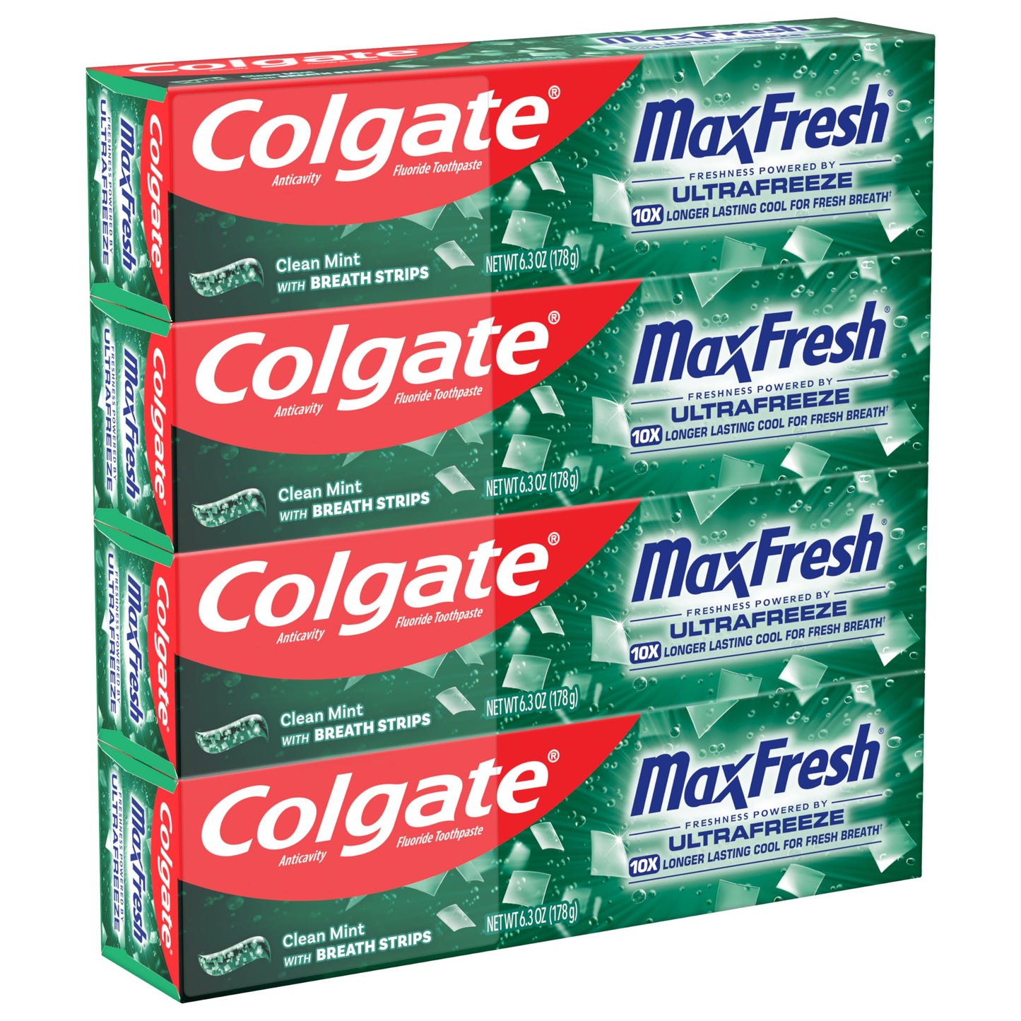 Colgate Max Fresh Toothpaste, Whitening Toothpaste with Mini Breath Strips, Clean Mint Toothpaste for Bad Breath, Helps Fight Cavities, Whitens Teeth, and Freshens Breath, 4 Pack, 6.3 Oz Tubes