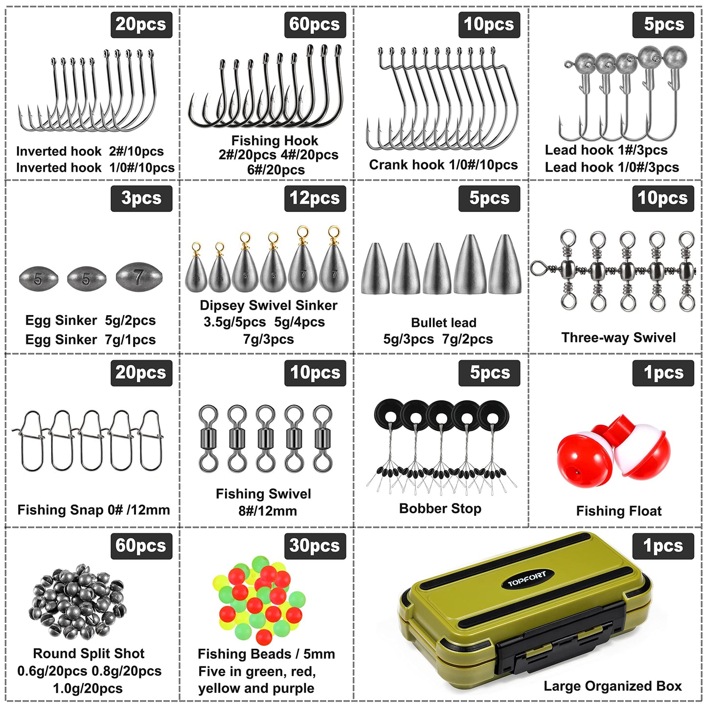 TOPFORT 187/343pcs Fishing Accessories Kit, Organized Fishing Tackle Box with Tackle Included, Fishing Hooks, Fishing Weights Sinkers, Fishing Gear and Equipment, Fishing Gift for Men