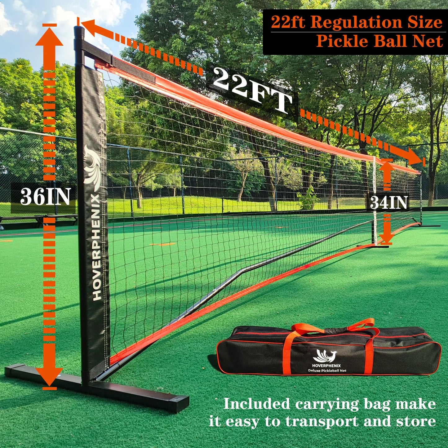 Hoverphenix Pickleball Set with Net for Driveway, Portable Regulation Size Pickleball Net System with Paddle Set of 4, Outdoor Pickleballs, Carry Bag, Weather Resistant Metal Frame