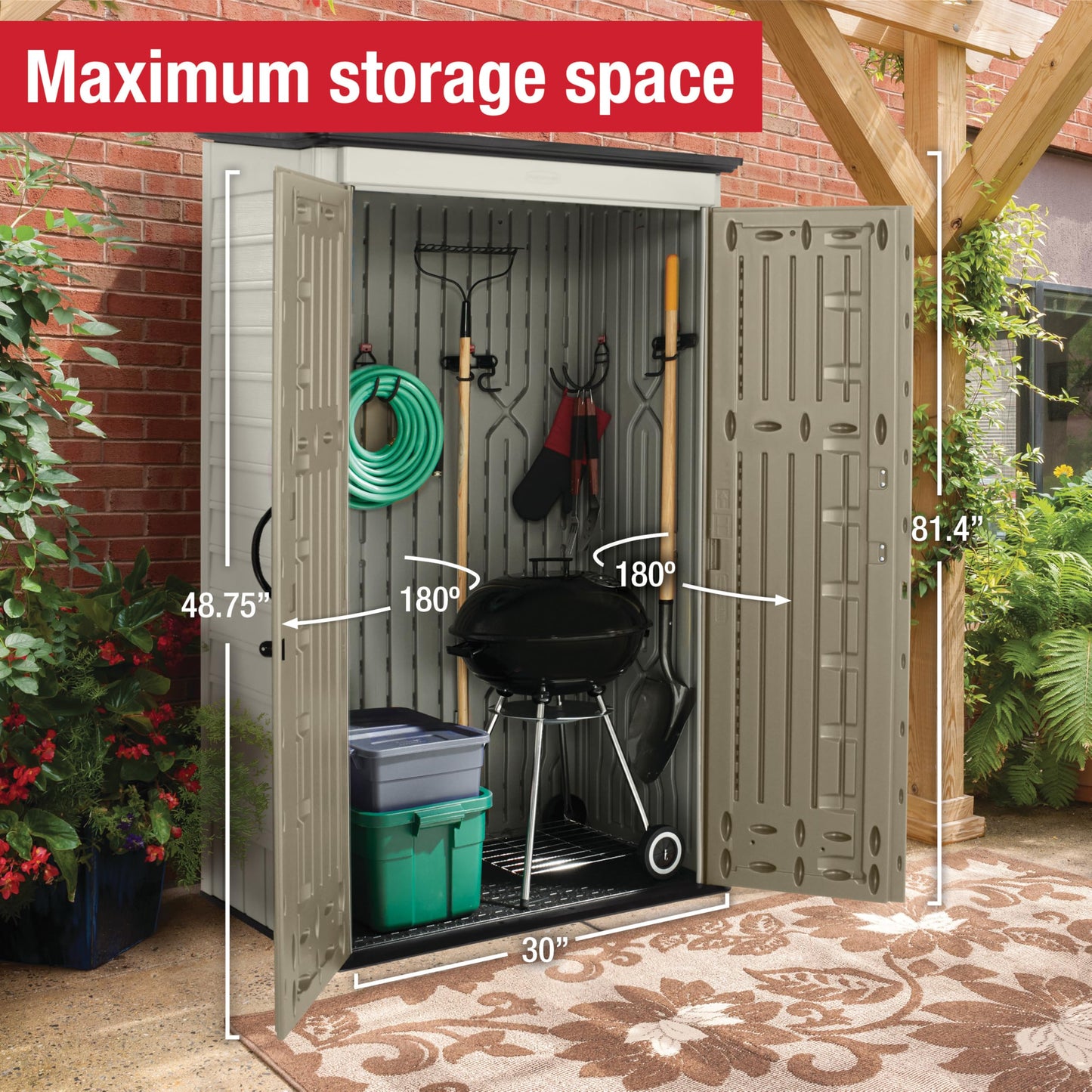Rubbermaid Vertical Resin Outdoor Storage Shed With Floor (4 x 2.5 Ft) Weather Resistant Brown Organization for Home/Backyard/Garden Tools/Porch/Patio Cushions/Pool Chemicals/Toys