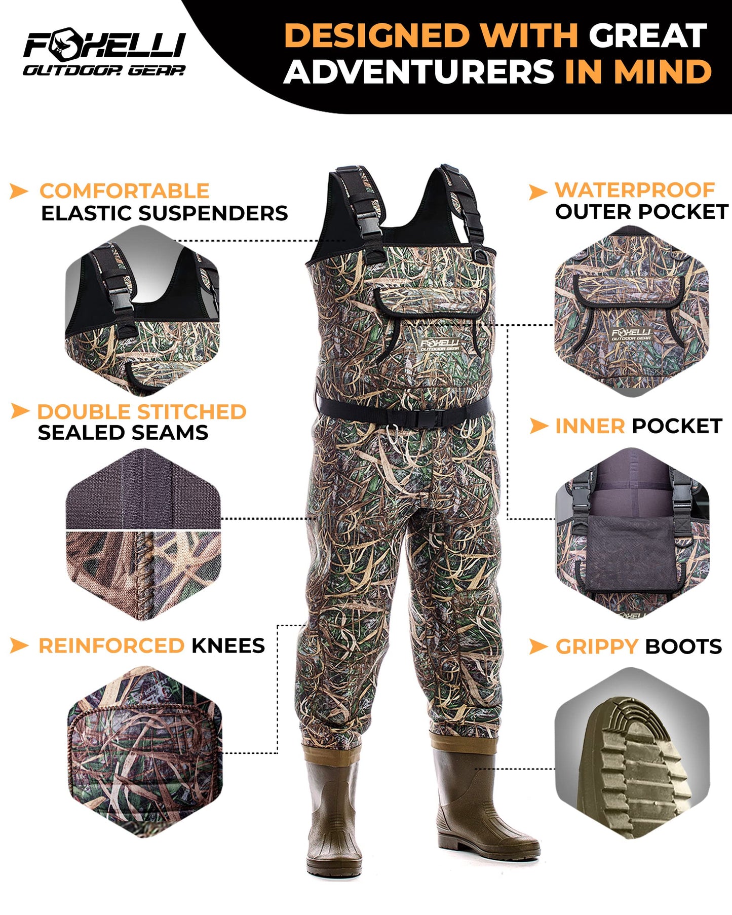 Foxelli Chest Waders, Waterproof 4mm Neoprene Hunting & Fishing Waders for Men & Women with Boots