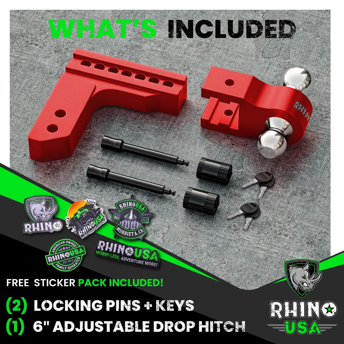 Rhino USA Adjustable Trailer Hitch (Fits 2-Inch Receiver) - Heavy Duty Aluminum Tow Hitches with 6-Inch Drop/Rise for Truck (12,500 LBS GTW) - Weatherproof Double Anti-Theft Locking Hitch Pins (Black)