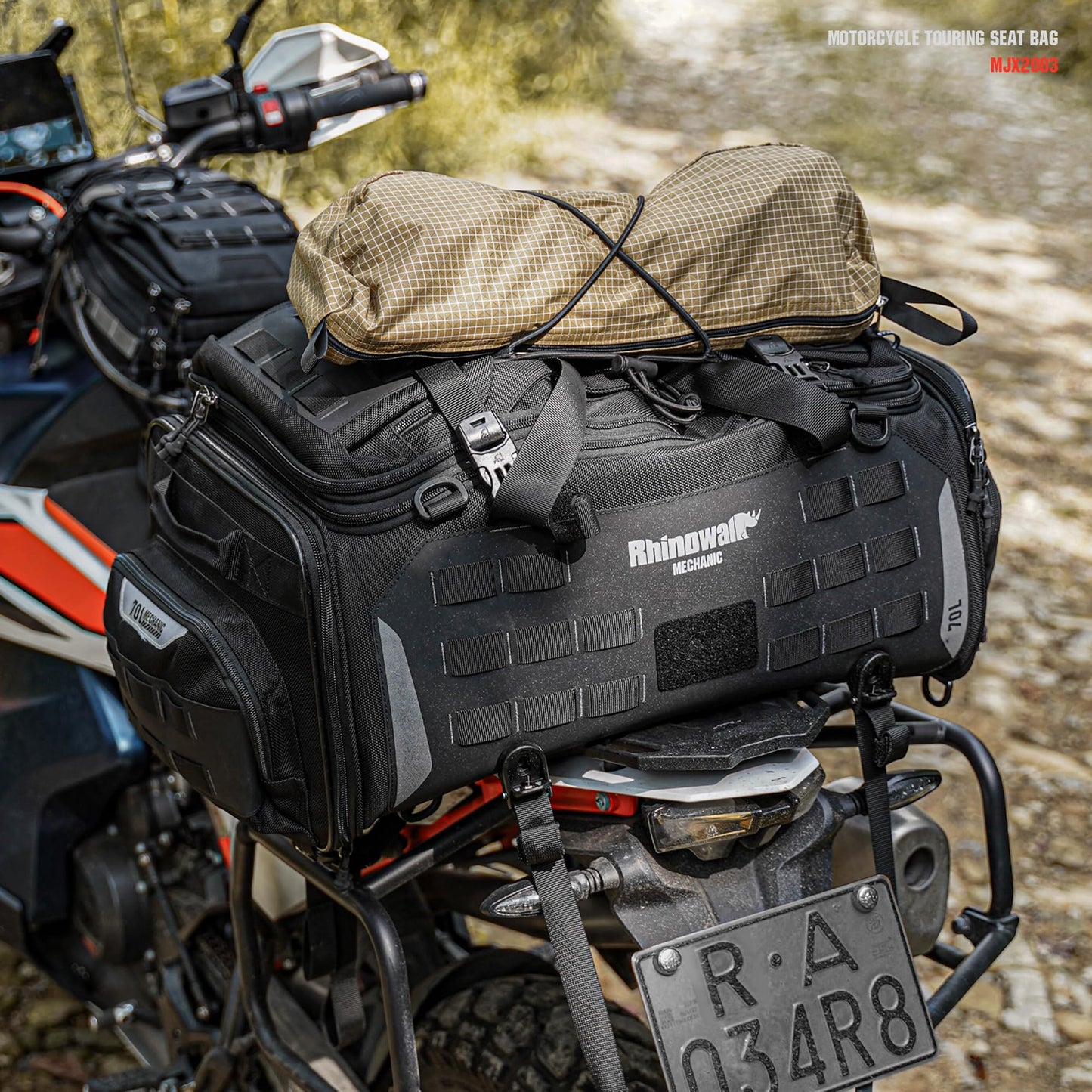 Rhinowalk Motorcycle Tail Bag, Expandable Motorcycle Travel Luggage Bags 60L, Waterproof All-Weather Trunk Rack Bag with Sissy Bar Straps & Helmet Rain Cover – Black