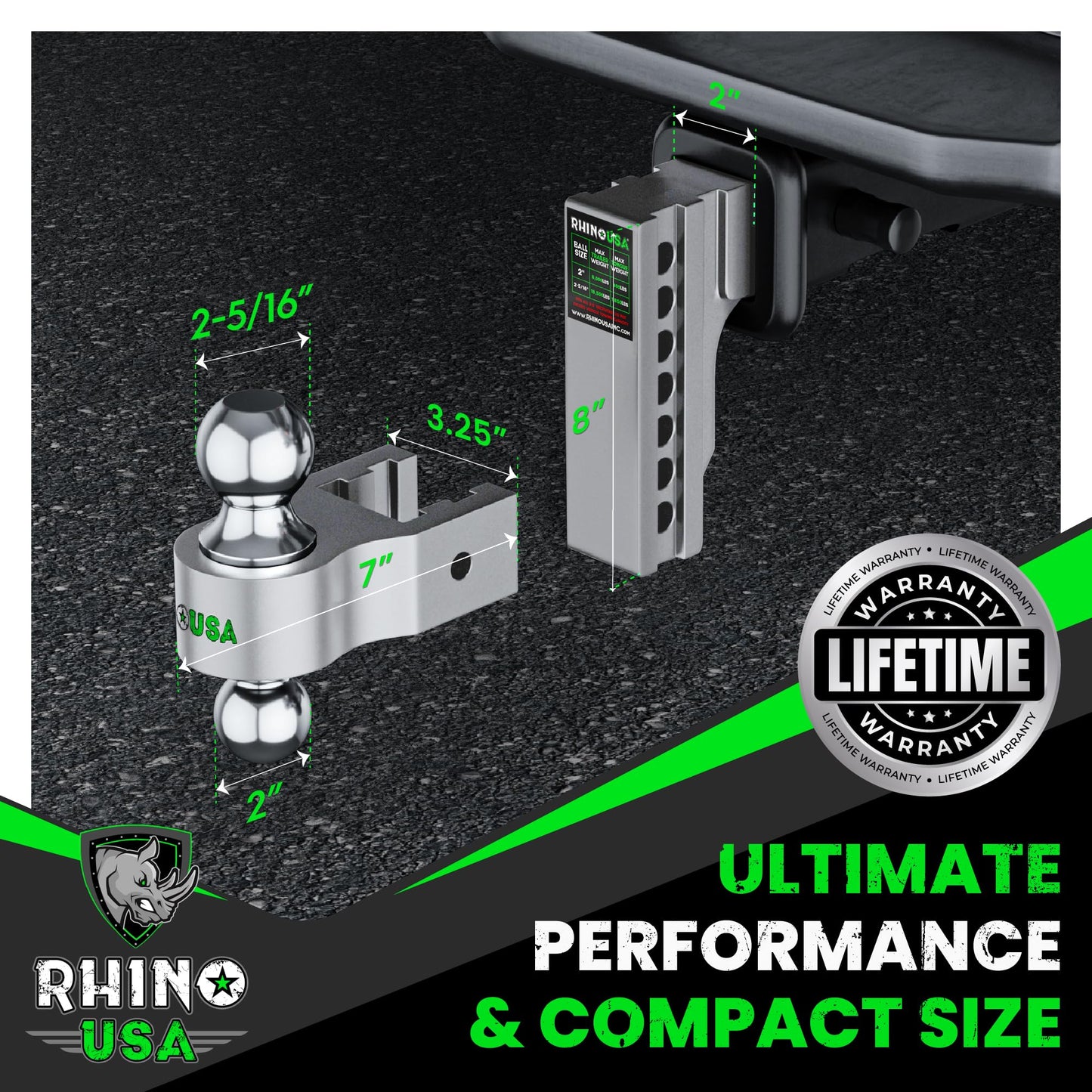 Rhino USA Adjustable Trailer Hitch (Fits 2-Inch Receiver) - Heavy Duty Aluminum Tow Hitches with 6-Inch Drop/Rise for Truck (12,500 LBS GTW) - Weatherproof Double Anti-Theft Locking Hitch Pins (Black)
