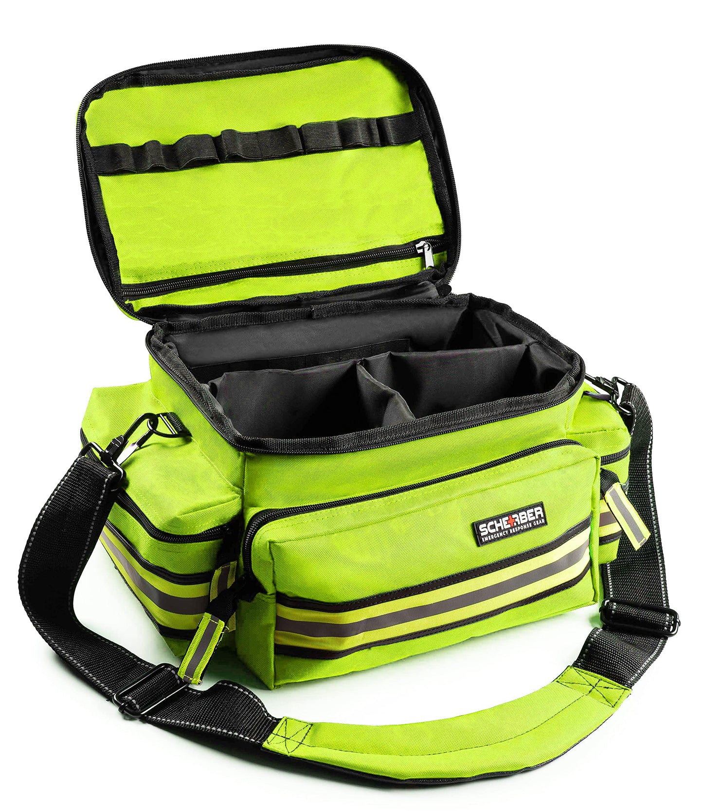 Scherber First Responder Fully-Stocked Professional Essentials EMT/EMS Trauma Kit | HSA/FSA Approved | Reflective Bag w/8 Zippered Pockets & Compartments & 200+ First Aid Supplies - Red