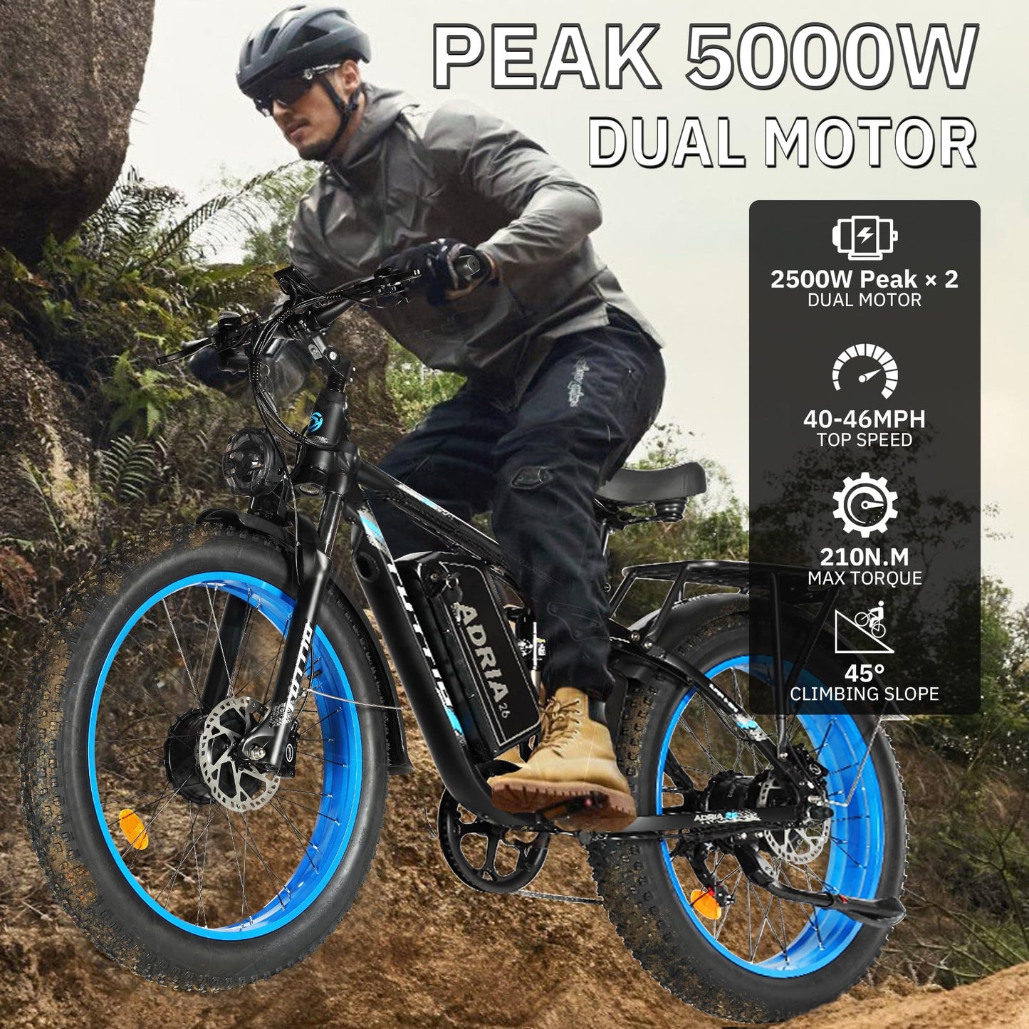 Peak 5000W-Electric-Bike for Adults-Men, Dual-Motor-Ebike 40-46MPH-Hunting-Ebike, 52V 30AH Long Range Dirtbike, 26" Fat-Tire-Electric-Bicycle, Full Suspension Mountain Bike for Off-Road Snow Sand