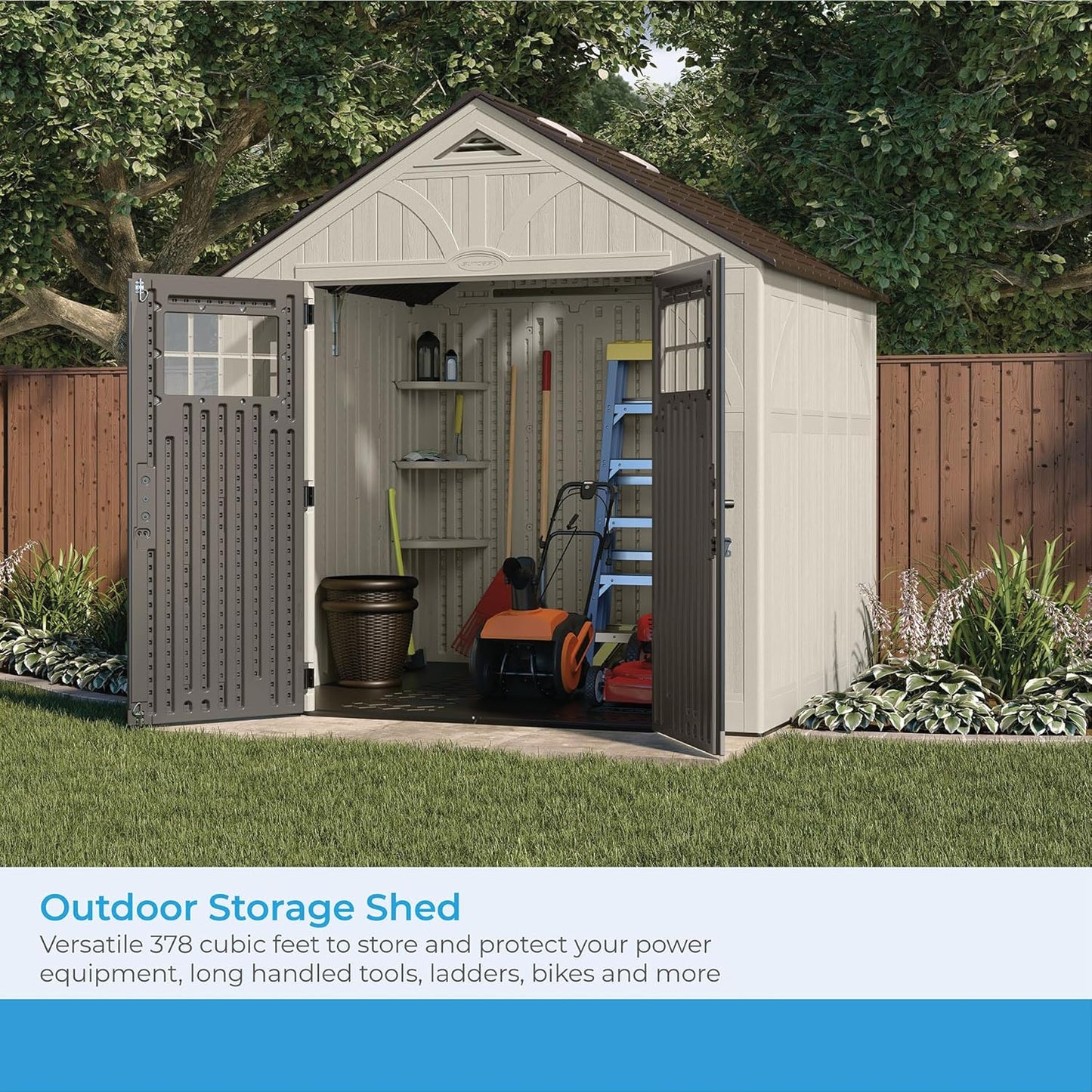 Suncast 8' x 7' Heavy-Duty Resin Tremont Storage Shed with Reinforced Floor, Skylights for Natural Light, Lockable Double Doors, Cream, Made in the USA