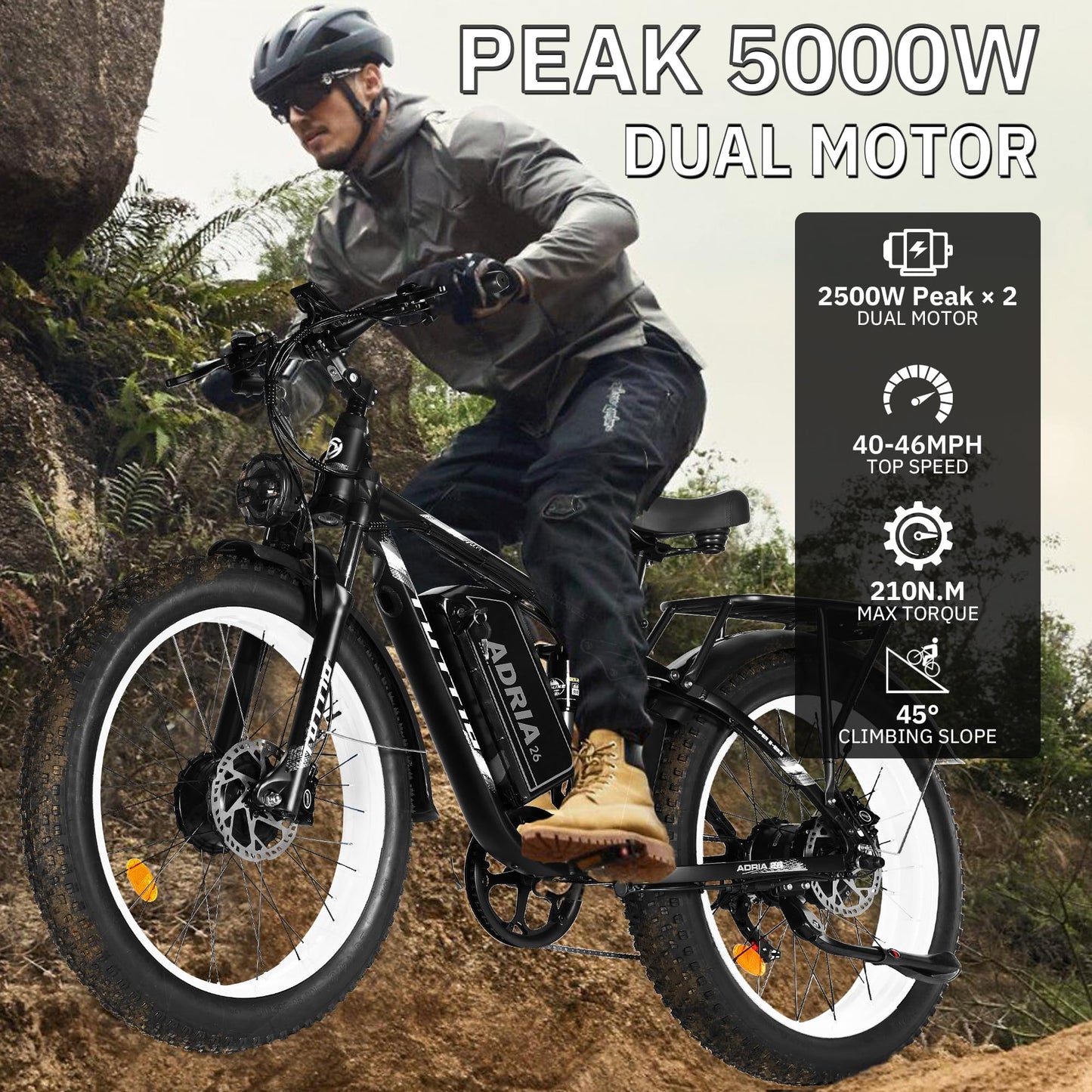 Peak 5000W-Electric-Bike for Adults-Men, Dual-Motor-Ebike 40-46MPH-Hunting-Ebike, 52V 30AH Long Range Dirtbike, 26" Fat-Tire-Electric-Bicycle, Full Suspension Mountain Bike for Off-Road Snow Sand