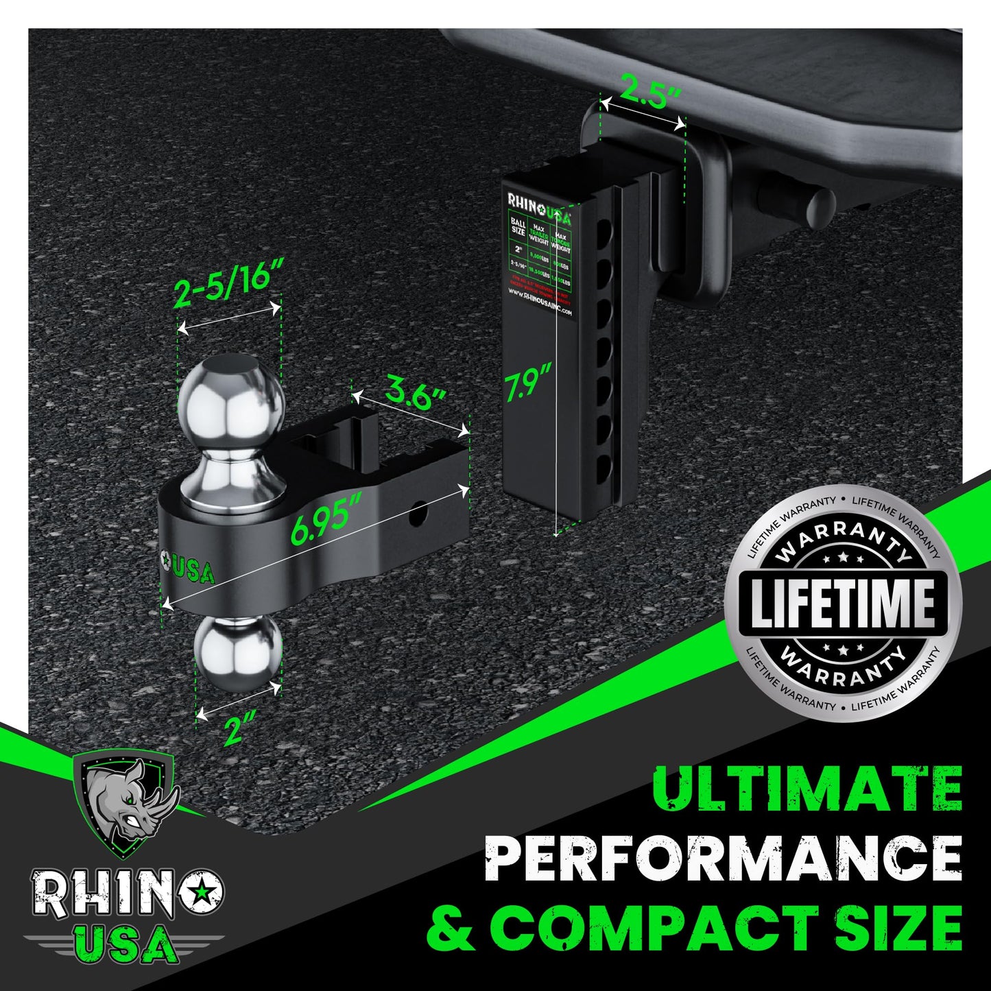 Rhino USA Adjustable Trailer Hitch (Fits 2-Inch Receiver) - Heavy Duty Aluminum Tow Hitches with 6-Inch Drop/Rise for Truck (12,500 LBS GTW) - Weatherproof Double Anti-Theft Locking Hitch Pins (Black)