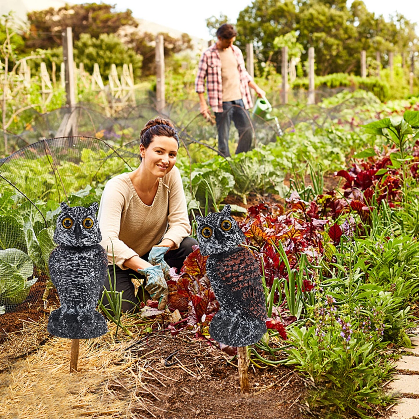 Hausse 2 Pack Bird Scarecrow Fake Owl Decoy Sculpture, Rotating Head Plastic Owl Bird Deterrents, 10.6 Inch Height Nature Enemy Horned Pest Repellent for Outdoor Garden Yard