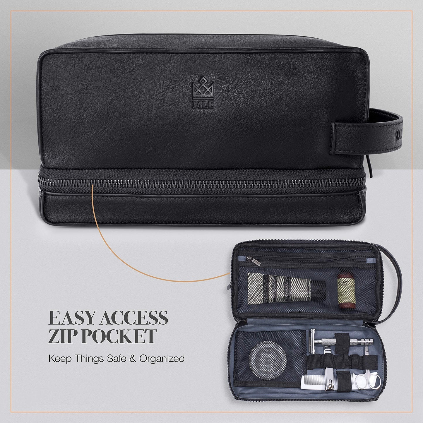 MAKE LIFE EXCLUSIVE Mens Leather Toiletry Bag – Travel Dopp Kit, Shaving Bag, Grooming & Hygiene Organizer, Leather Toiletry Bag for Men, Gift for Him