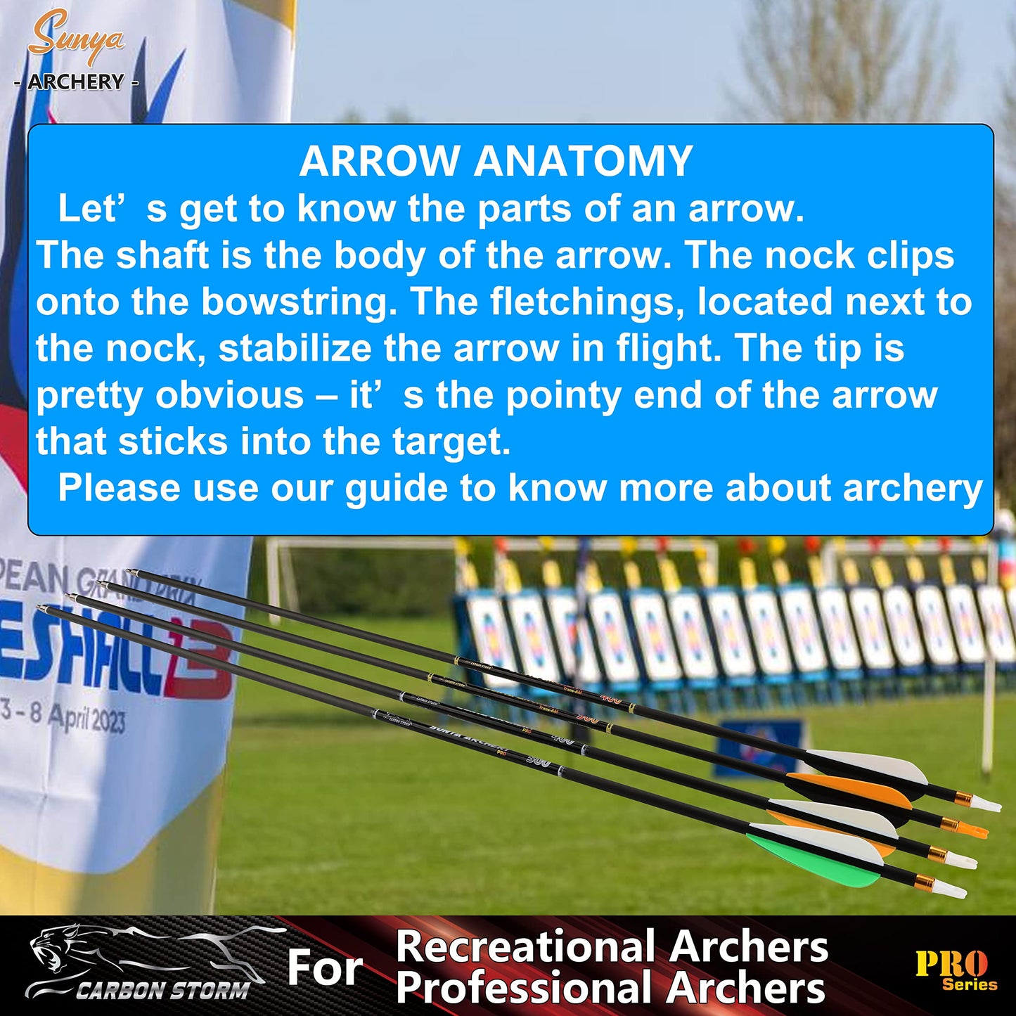 SUNYA Archery Compound Bow Arrows 12pcs Set. 30" Carbon Shaft, Spine 400 or 500 with Removable Tips
