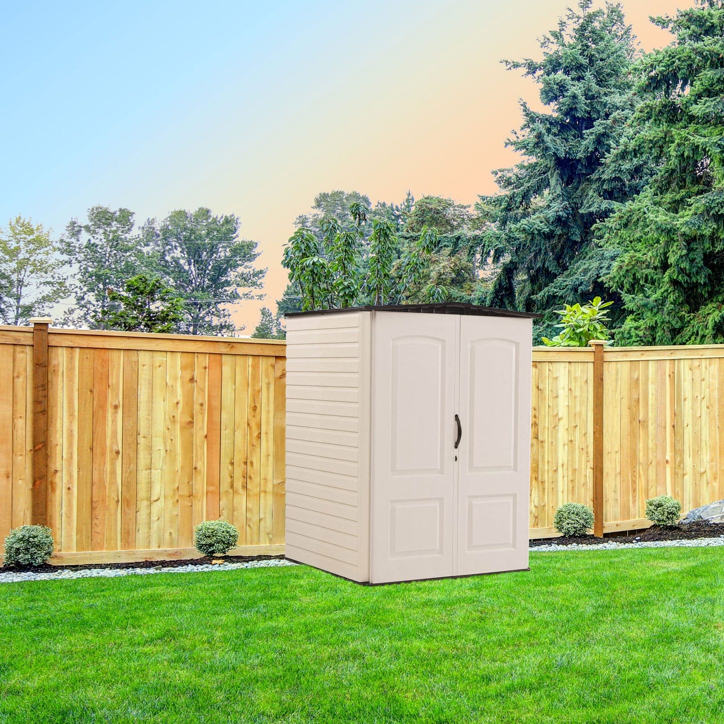 Rubbermaid Large Vertical Resin Outdoor Storage Shed With Floor (6.2 x 4.6 Ft), Weather Resistant, Beige/Brown, Organization for Home/Backyard/Garden Tools/Lawn Mower/Bike Storage/Pool Supplies