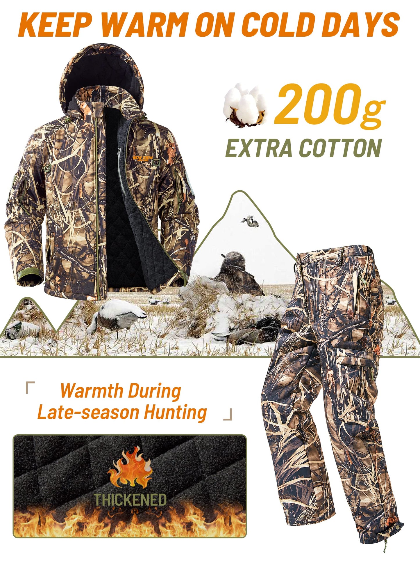 NEW VIEW Insulated Hunting Clothes for Men Cold Weather, Warm Camo Hunting Jacket and Pants, Hunting Suit for Deer Duck Hunts