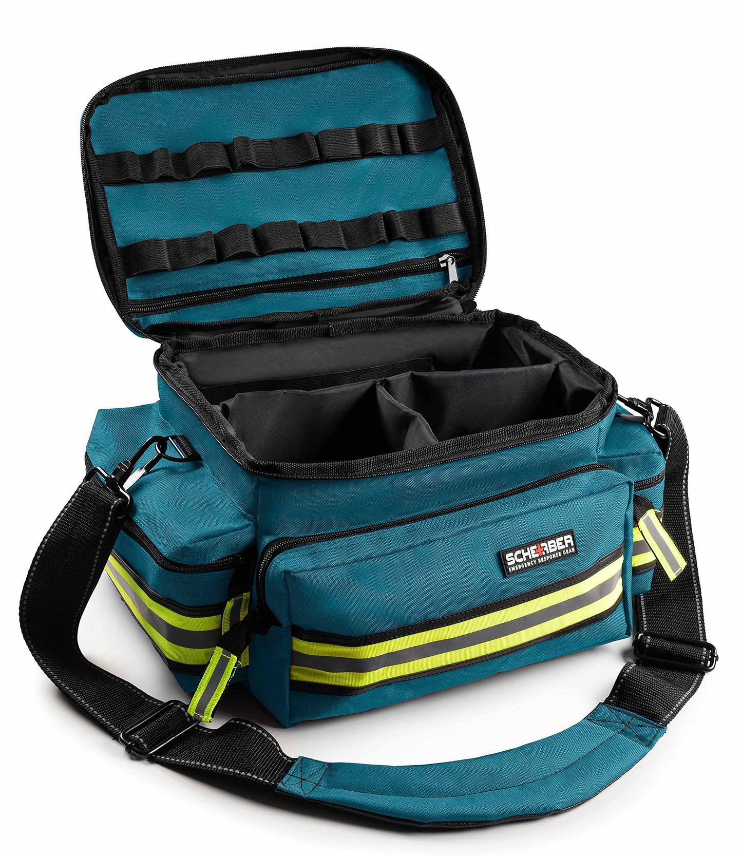 Scherber First Responder Fully-Stocked Professional Essentials EMT/EMS Trauma Kit | HSA/FSA Approved | Reflective Bag w/8 Zippered Pockets & Compartments & 200+ First Aid Supplies - Red