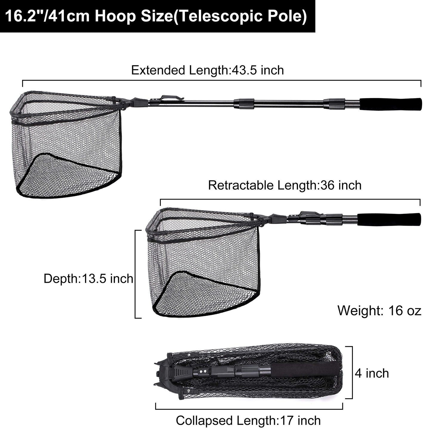 PLUSINNO Fishing Net Fish Landing Net, Foldable Collapsible Telescopic Pole Handle, Durable Nylon Material Mesh, Safe Fish Catching or Releasing