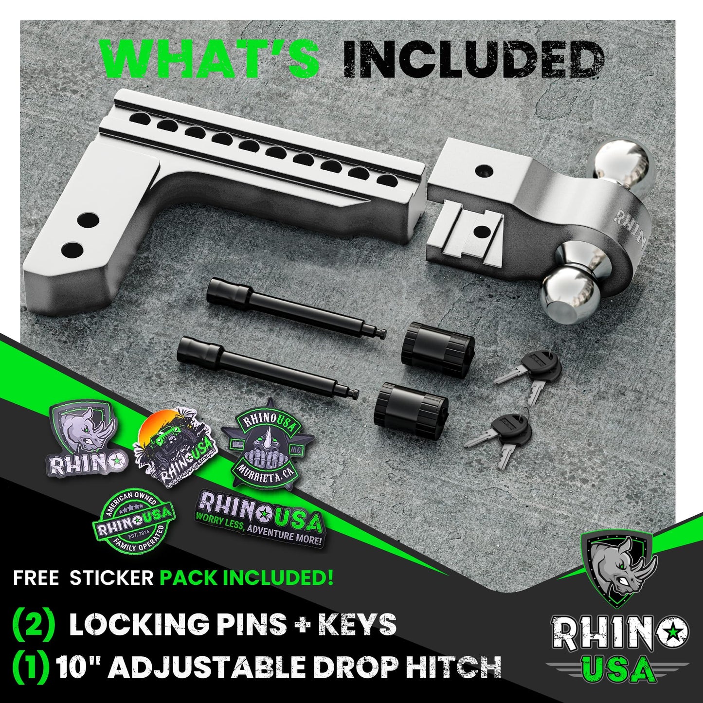 Rhino USA Adjustable Trailer Hitch (Fits 2-Inch Receiver) - Heavy Duty Aluminum Tow Hitches with 6-Inch Drop/Rise for Truck (12,500 LBS GTW) - Weatherproof Double Anti-Theft Locking Hitch Pins (Black)