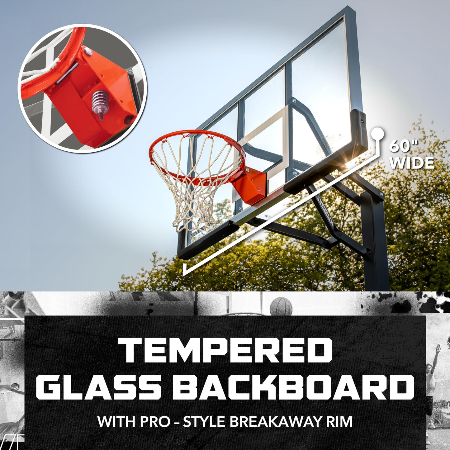 Silverback 60" Height Adjustable In-Ground Basketball Hoop with Tempered Glass Backboard, Pro-Style Breakaway Rim, Pole and Backboard Pad