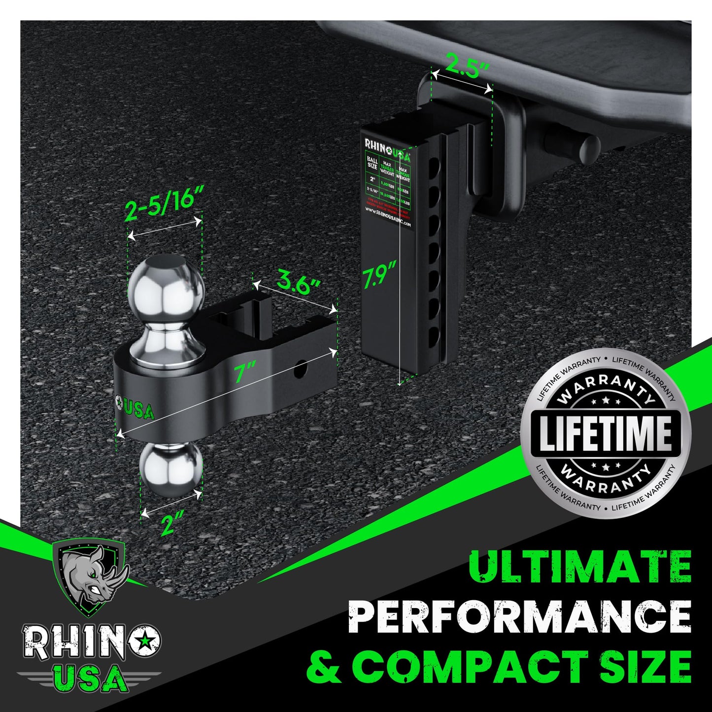Rhino USA Adjustable Trailer Hitch (Fits 2-Inch Receiver) - Heavy Duty Aluminum Tow Hitches with 6-Inch Drop/Rise for Truck (12,500 LBS GTW) - Weatherproof Double Anti-Theft Locking Hitch Pins (Black)