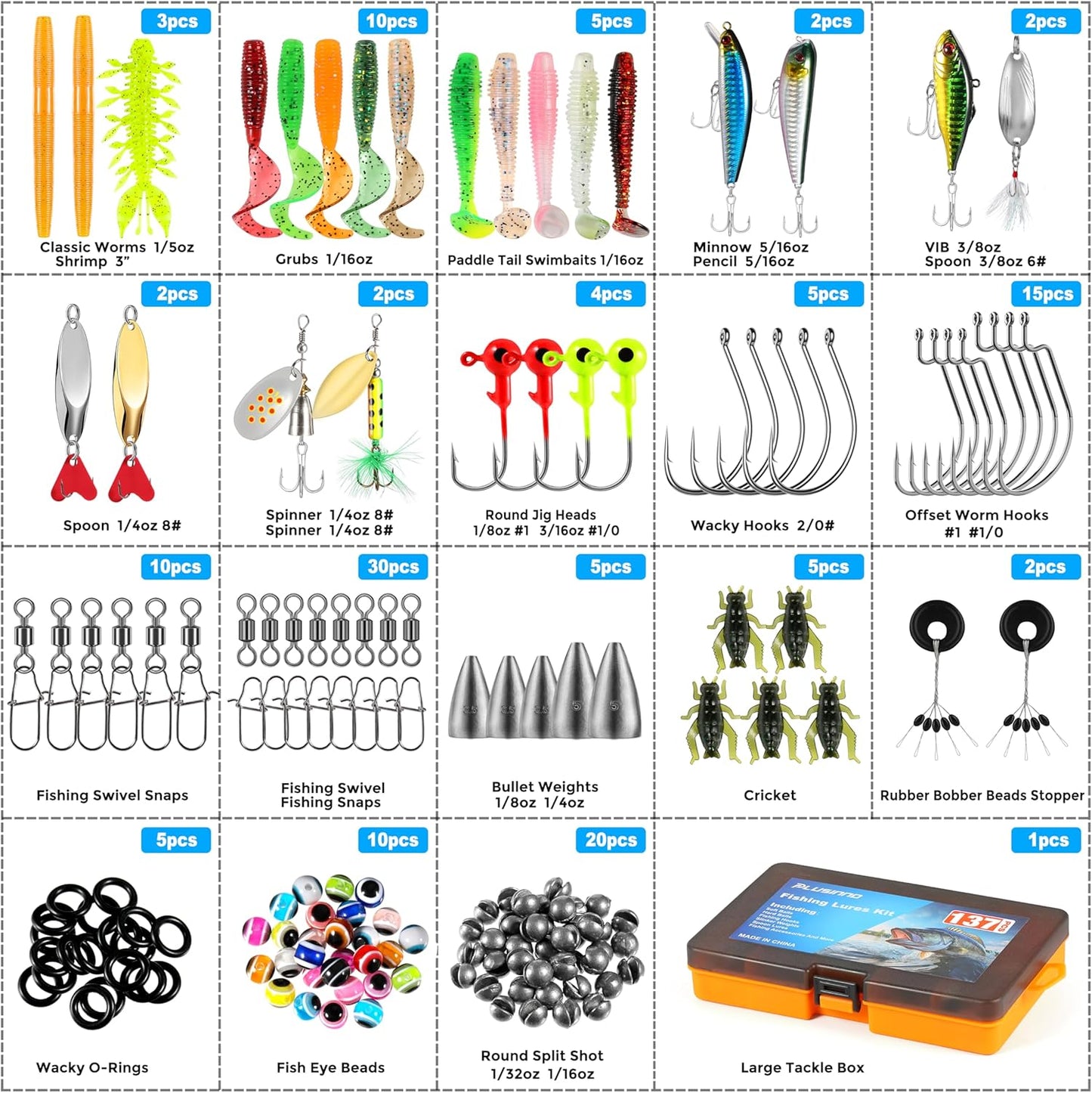 PLUSINNO Fishing Lures, 137Pcs Tackle Box with Tackle Included, Crankbaits, Spoon, Hooks, Weights & Other Accessories, Fishing Bait Lure Gear Kit Gift for Men Bass Freshwater
