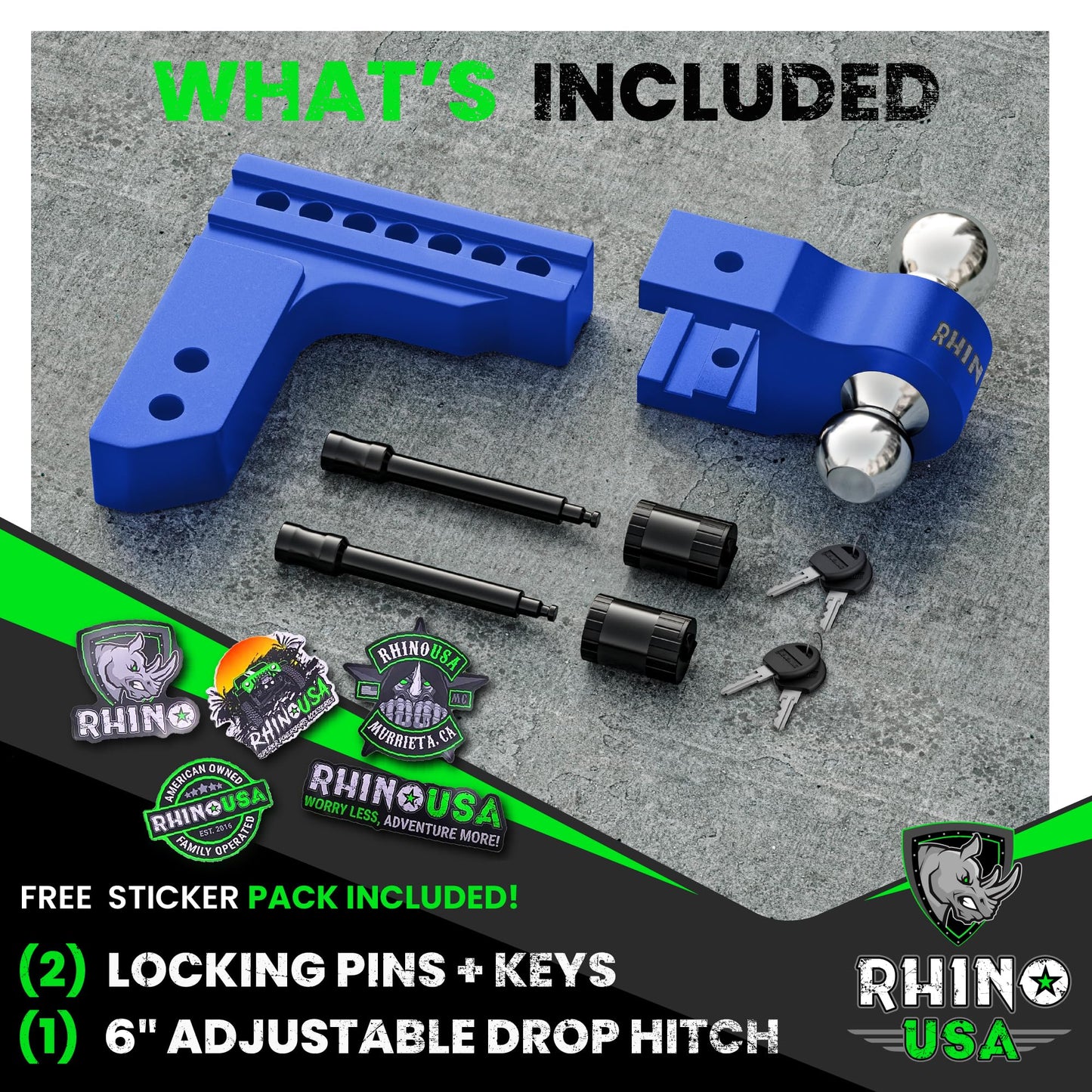 Rhino USA Adjustable Trailer Hitch (Fits 2-Inch Receiver) - Heavy Duty Aluminum Tow Hitches with 6-Inch Drop/Rise for Truck (12,500 LBS GTW) - Weatherproof Double Anti-Theft Locking Hitch Pins (Black)