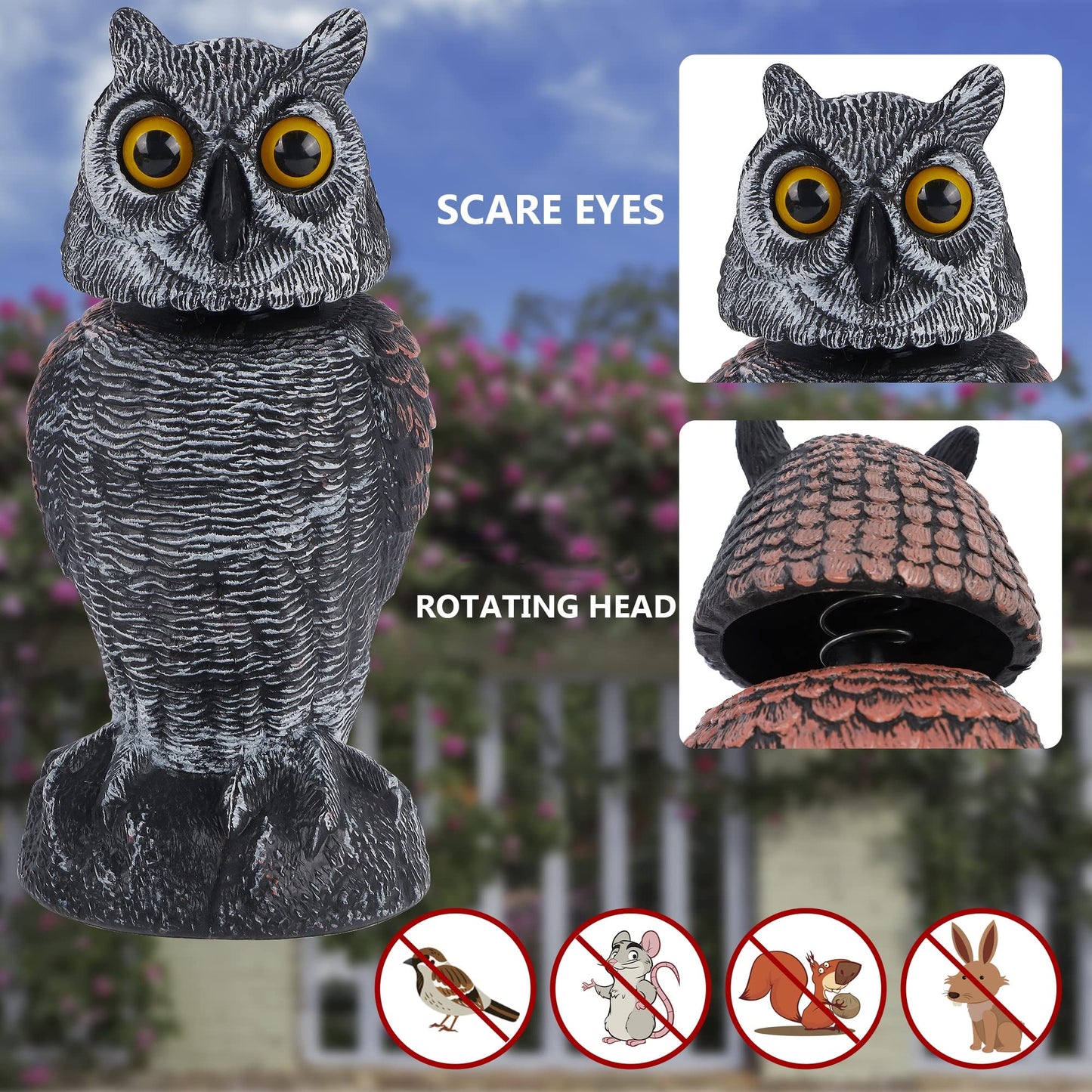 Hausse 2 Pack Bird Scarecrow Fake Owl Decoy Sculpture, Rotating Head Plastic Owl Bird Deterrents, 10.6 Inch Height Nature Enemy Horned Pest Repellent for Outdoor Garden Yard