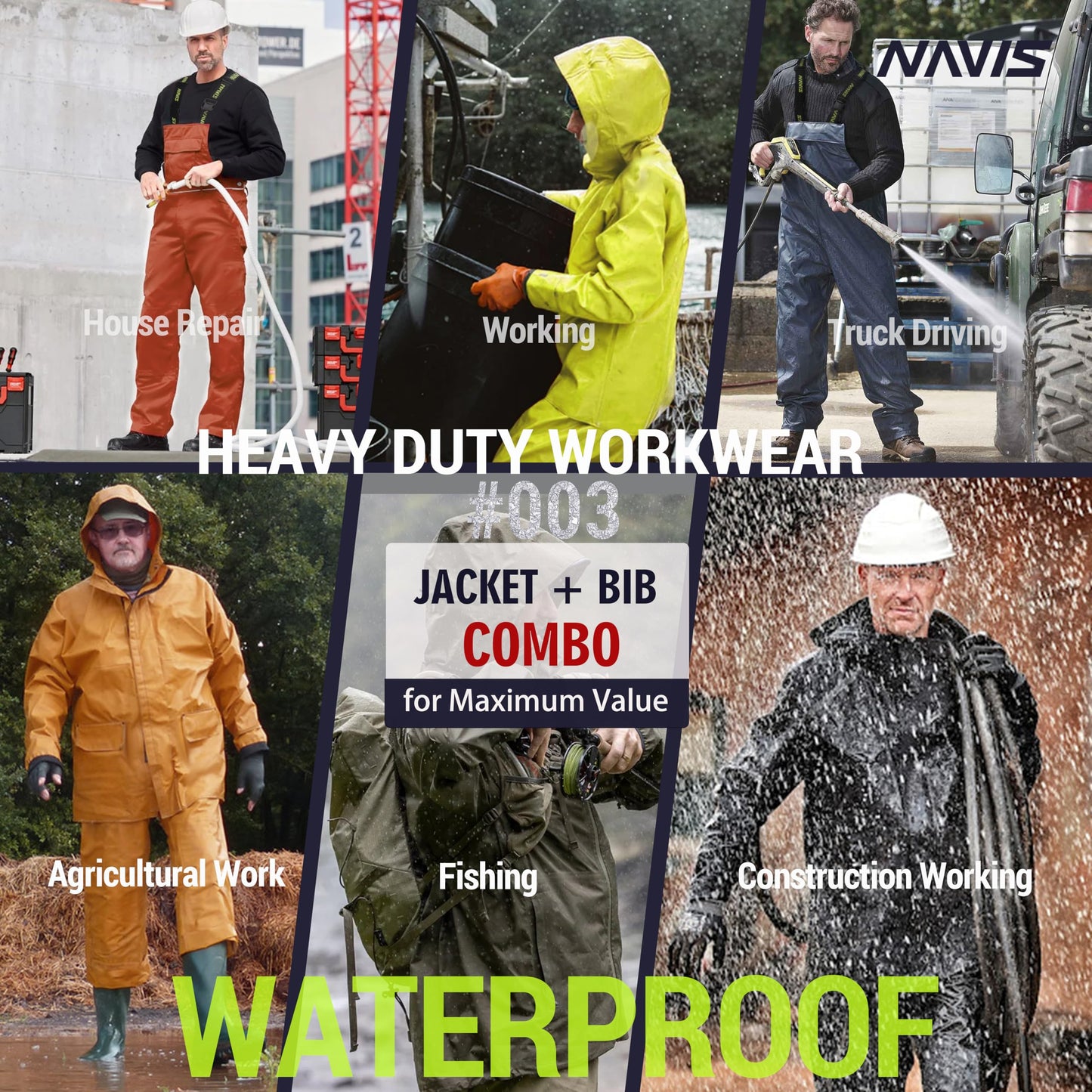 Men's Workwear PRO Rain Suit - Waterproof Jacket and Bib Pants 3-piece Set for Ultimate Safety and Comfort