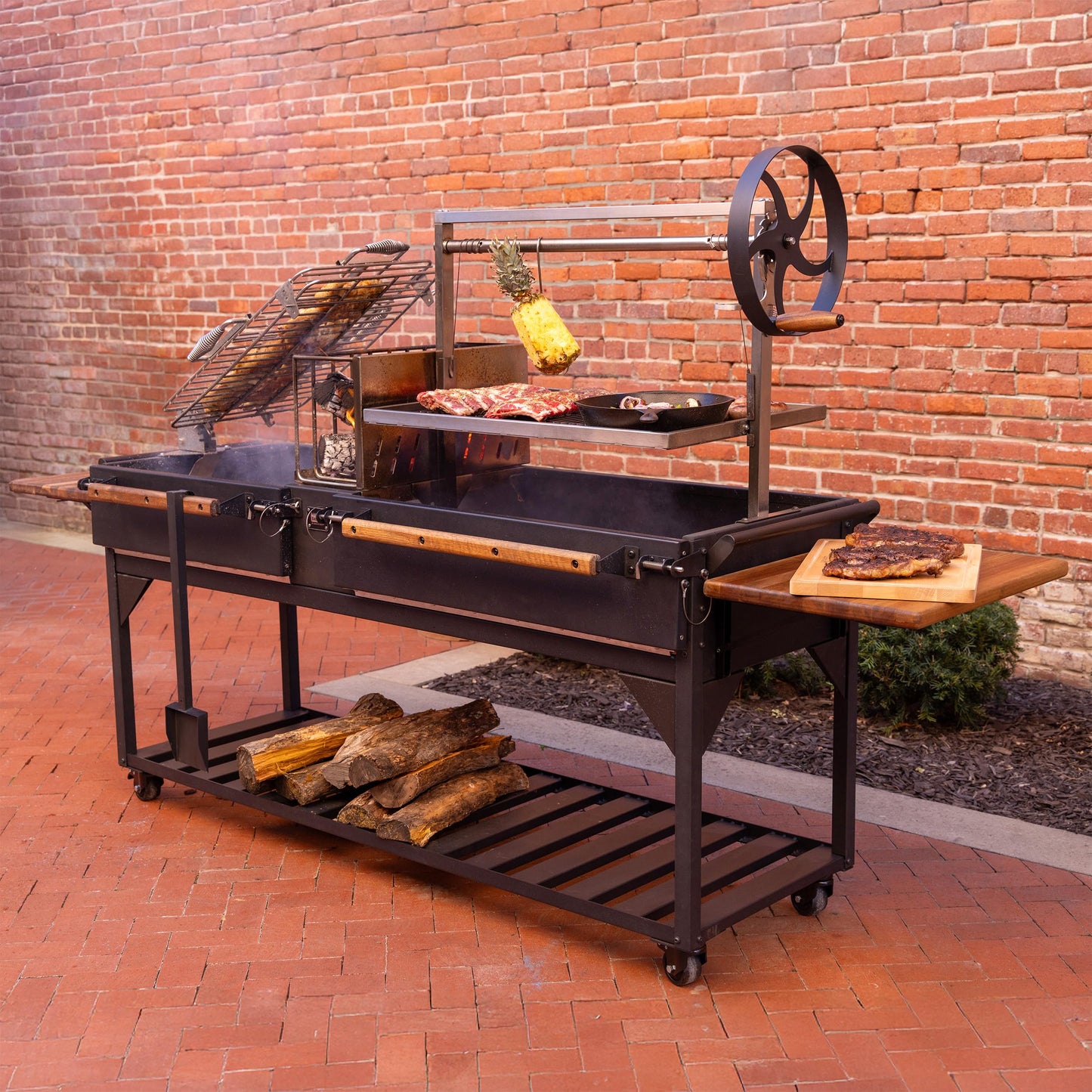 Backyard Discovery Argentine Santa Maria Wood Fire & Charcoal BBQ Grill with Brasero, Adjustable Grill Grates, Fire Bricks, Heavy-Duty Steel, S-Hooks, Acacia Wood Table for Outdoor Gaucho Grilling