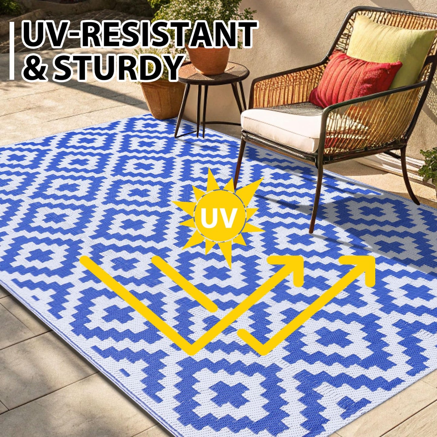 Smiry Waterproof Outdoor Rug 5x8 ft, Reversible Plastic Straw Patio Camping Rugs, Outdoor Indoor RV Mat Carpet for Patio, Outside Entry, Backyard, Deck, Bench, Picnic, Camper, Black & Beige